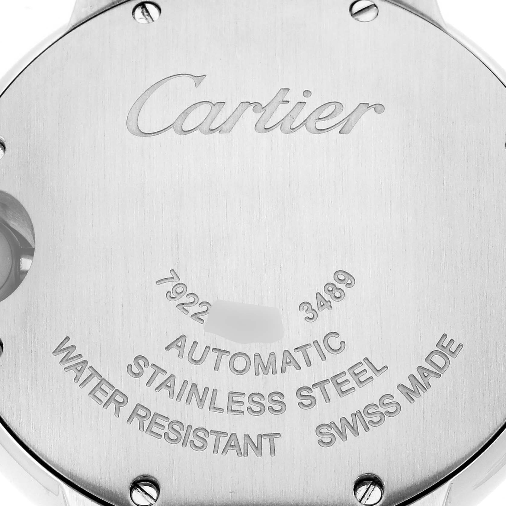 The image shows the back case of a Cartier Ballon Bleu W4BB0016 Women's Stainless Steel Silver Dial W4BB0016 Women's Stainless Steel Silver Dial watch, displaying engravings and brand details.