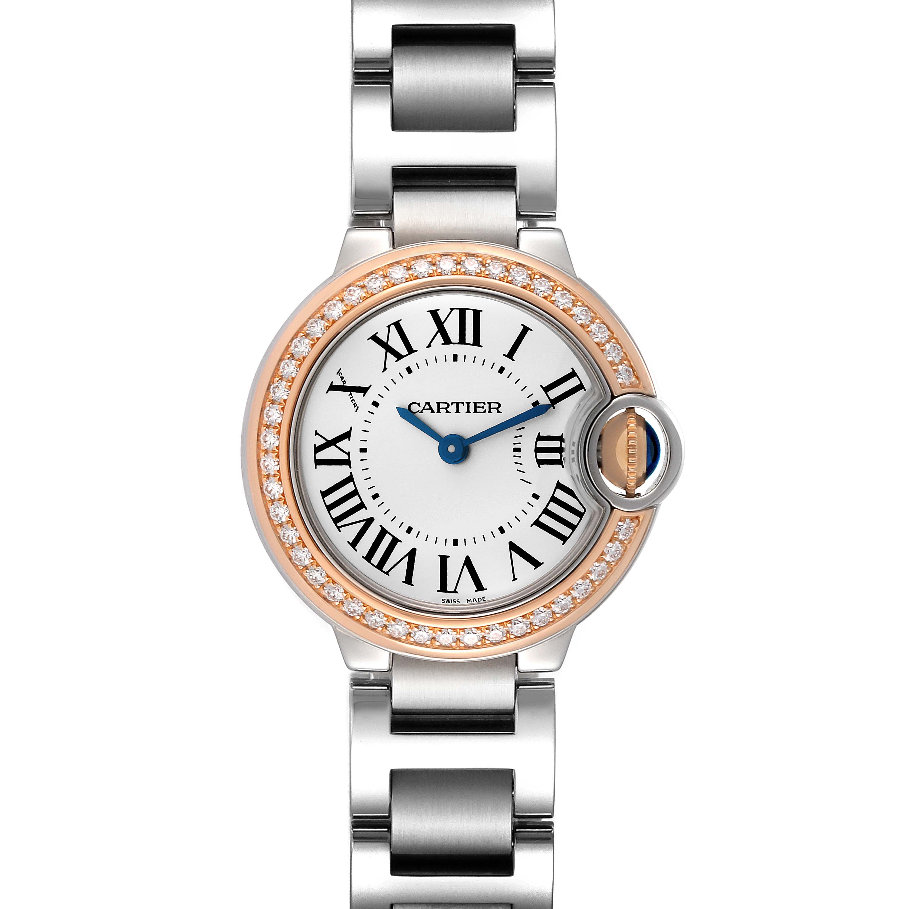 This image shows a frontal view of the Cartier Ballon Bleu WE902079 Women's Steel and Gold (two tone) Silver Dial WE902079 Women's Steel and Gold (two tone) Silver Dial watch, highlighting its dial, bezel, and metal bracelet.