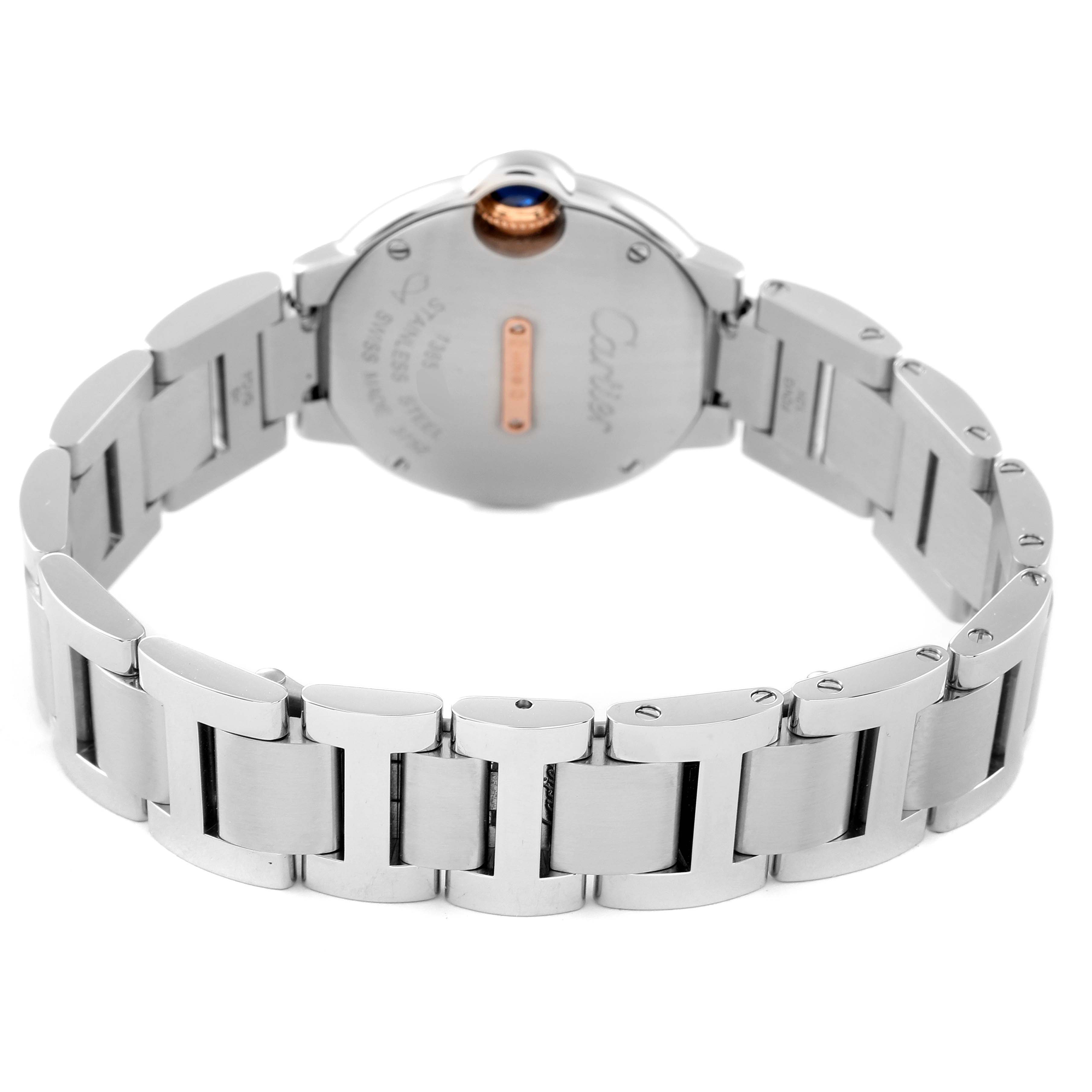 The image shows the back side of the Cartier Ballon Bleu WE902079 Women's Steel and Gold (two tone) Silver Dial WE902079 Women's Steel and Gold (two tone) Silver Dial watch, highlighting its bracelet and case back.