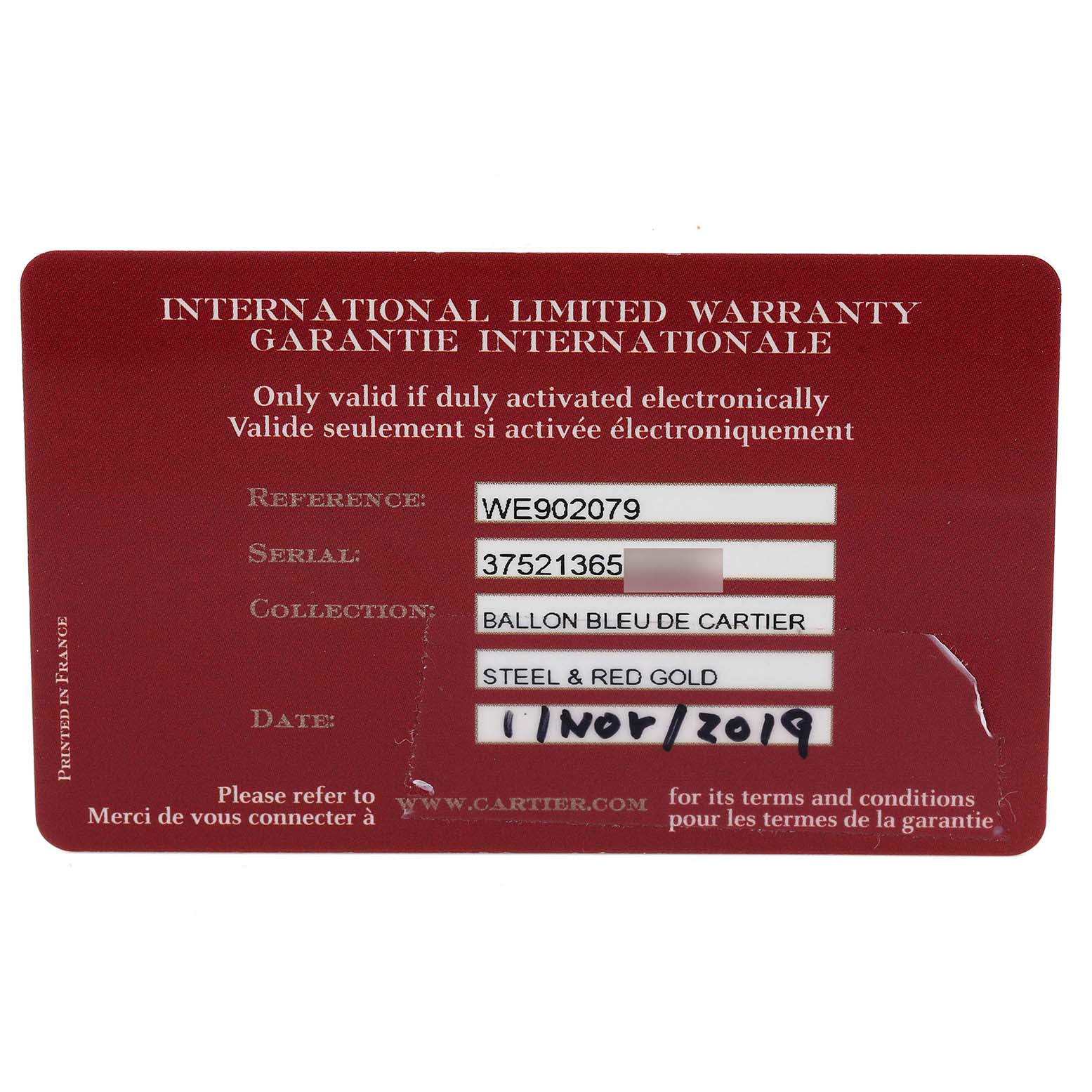 This image shows a warranty card for the Ballon Bleu model by Cartier, detailing reference, serial, collection, materials, and purchase date.