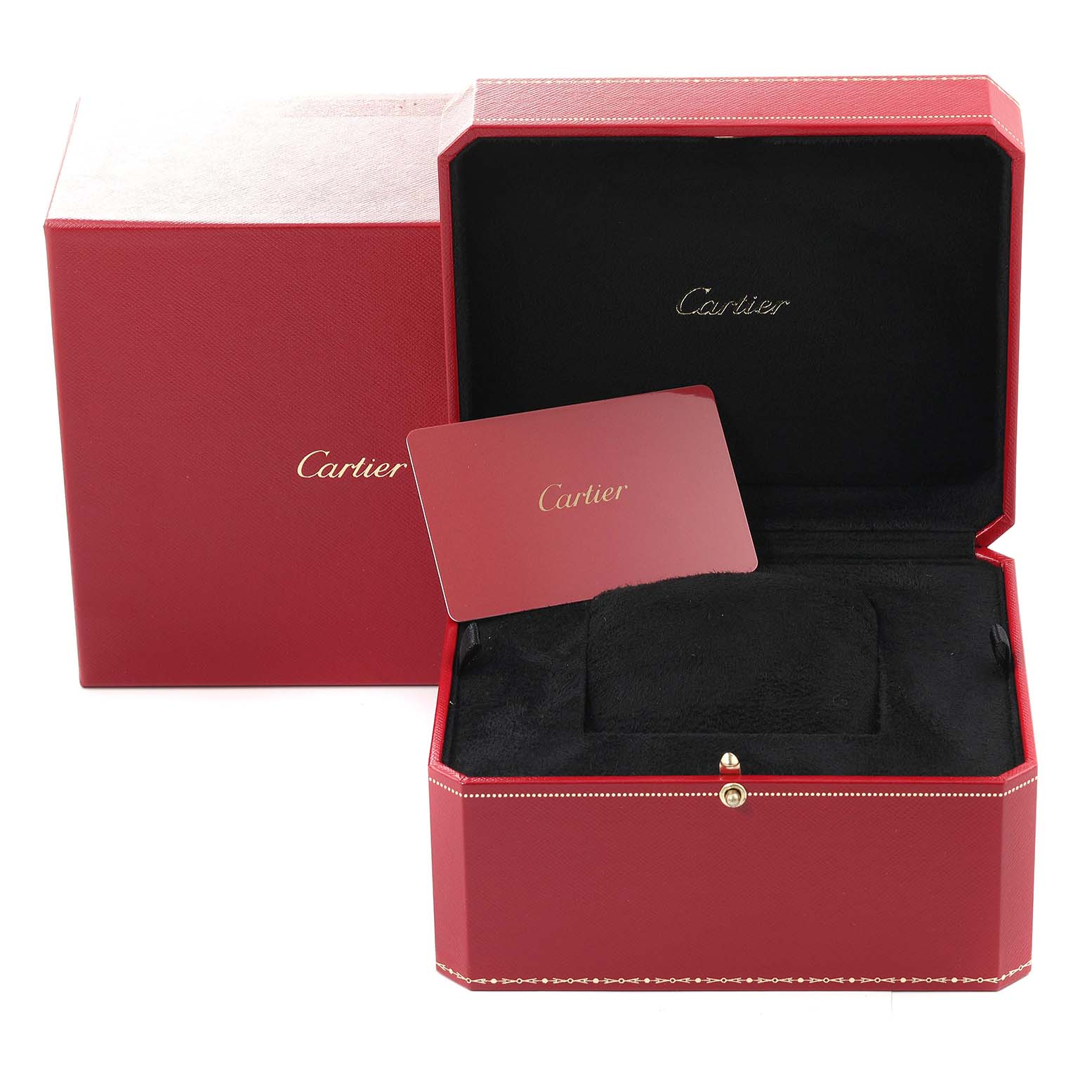 The image shows an open red Cartier box, a pillow for the Ballon Bleu watch, a red cover box, and a Cartier certificate card.