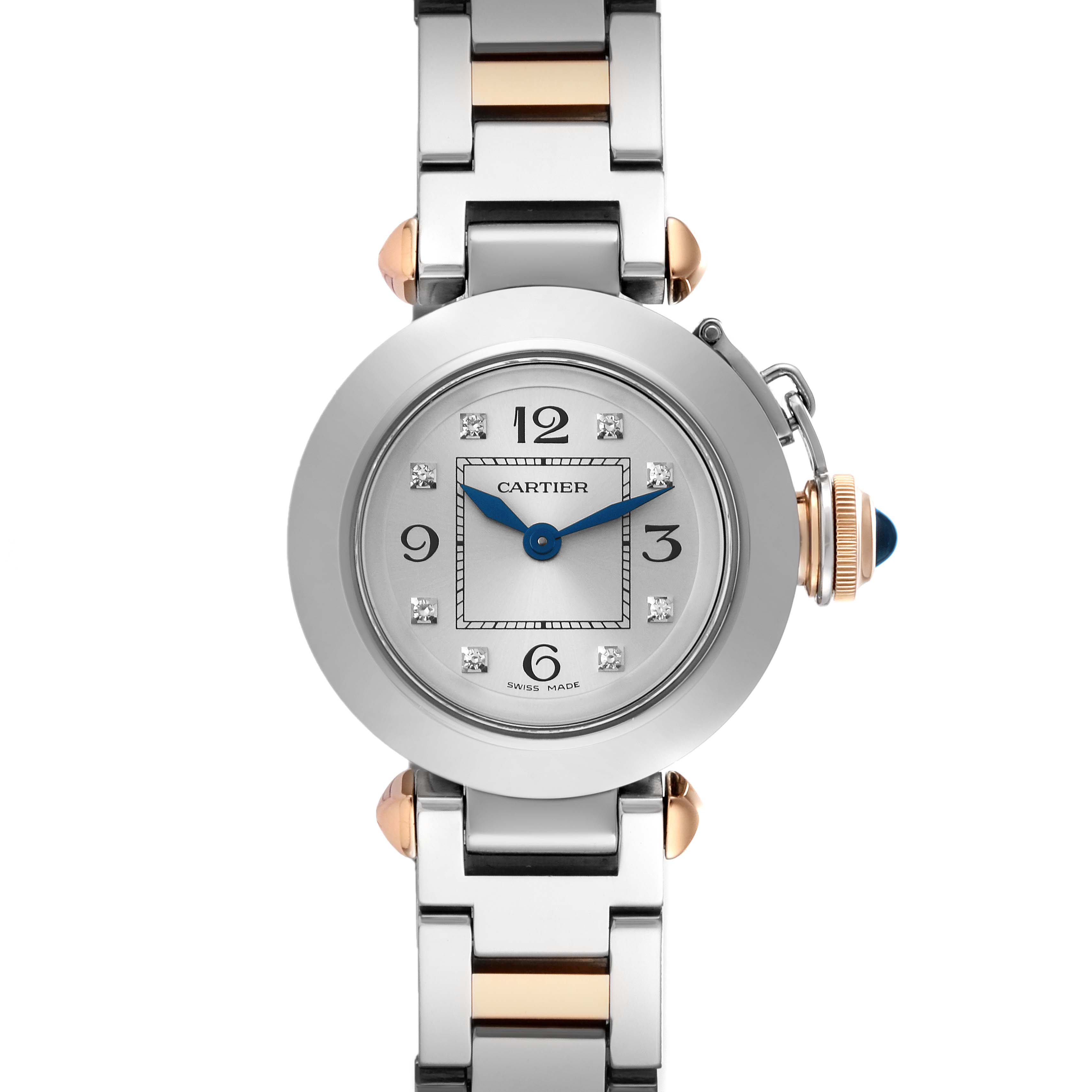 The image shows a front view of a Cartier Pasha WJ124020 Women's Steel and Gold (two tone) Silver Dial WJ124020 Women's Steel and Gold (two tone) Silver Dial watch, featuring its face, bezel, crown, and part of its metal bracelet.