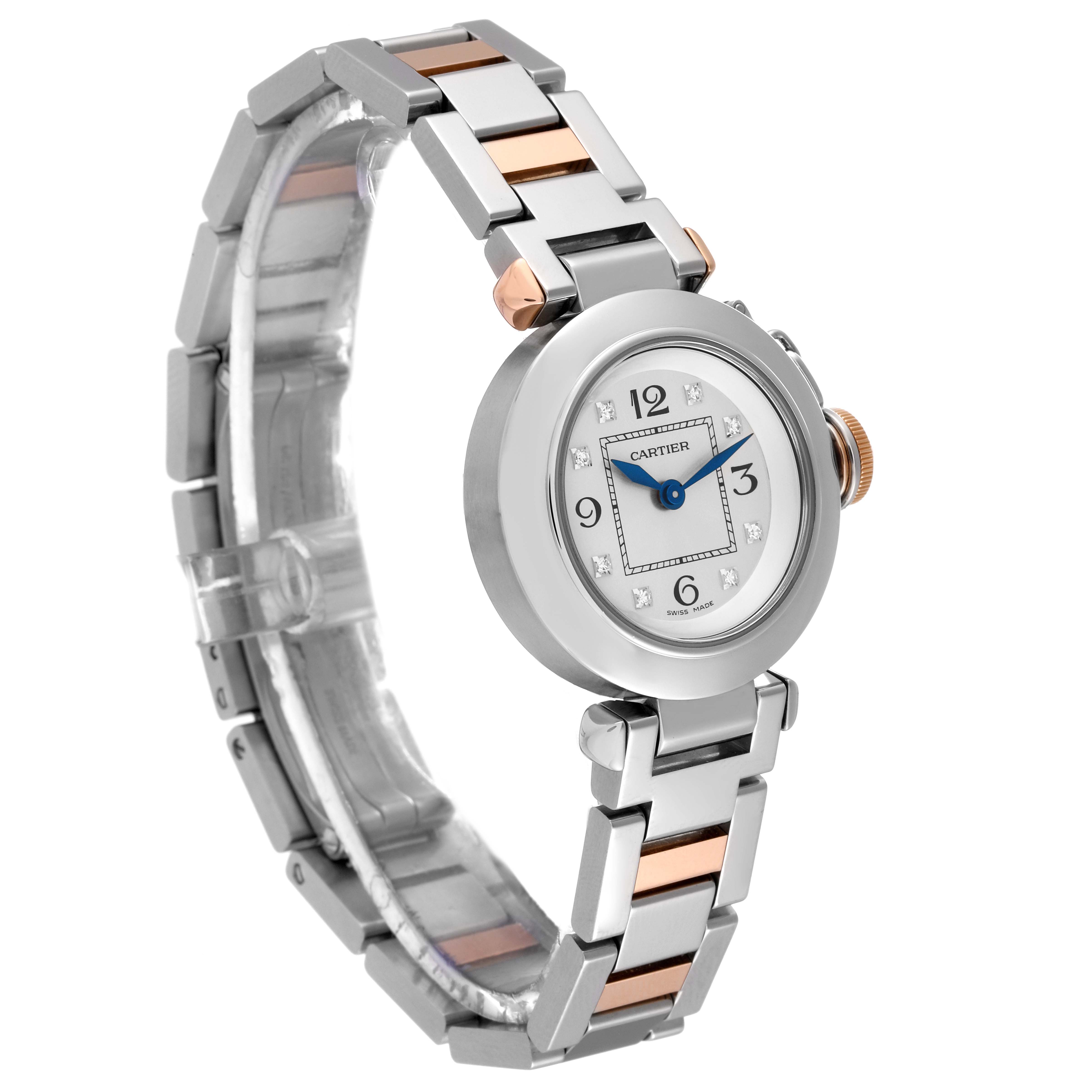 The image shows a side-angle view of the Cartier Pasha WJ124020 Women's Steel and Gold (two tone) Silver Dial WJ124020 Women's Steel and Gold (two tone) Silver Dial watch, highlighting its face, bracelet, and crown.