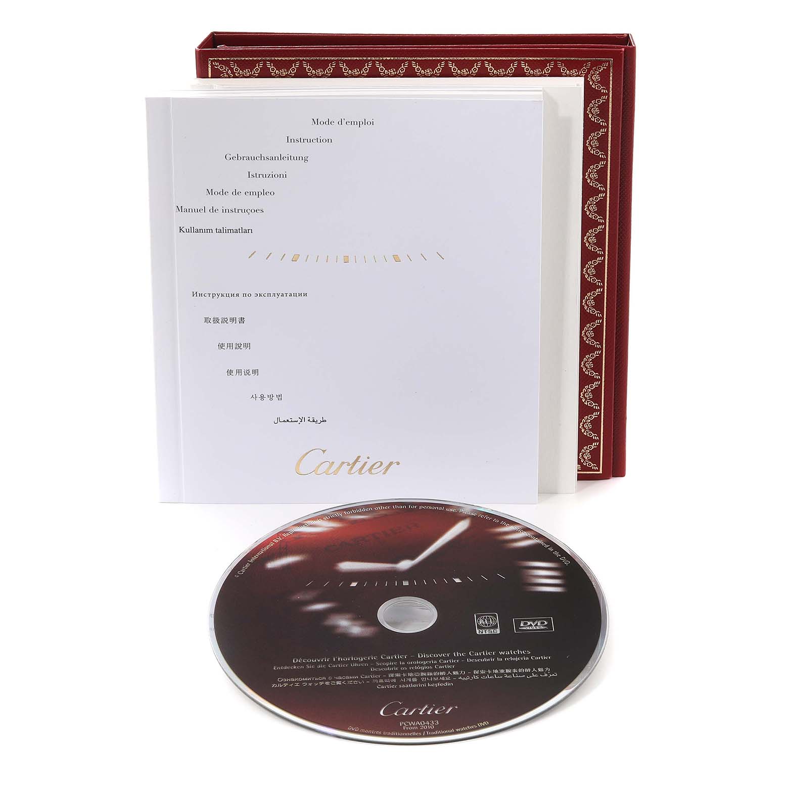 The image shows the instruction manual and DVD for the Cartier Pasha WJ124020 Women's Steel and Gold (two tone) Silver Dial WJ124020 Women's Steel and Gold (two tone) Silver Dial watch model, along with red packaging.