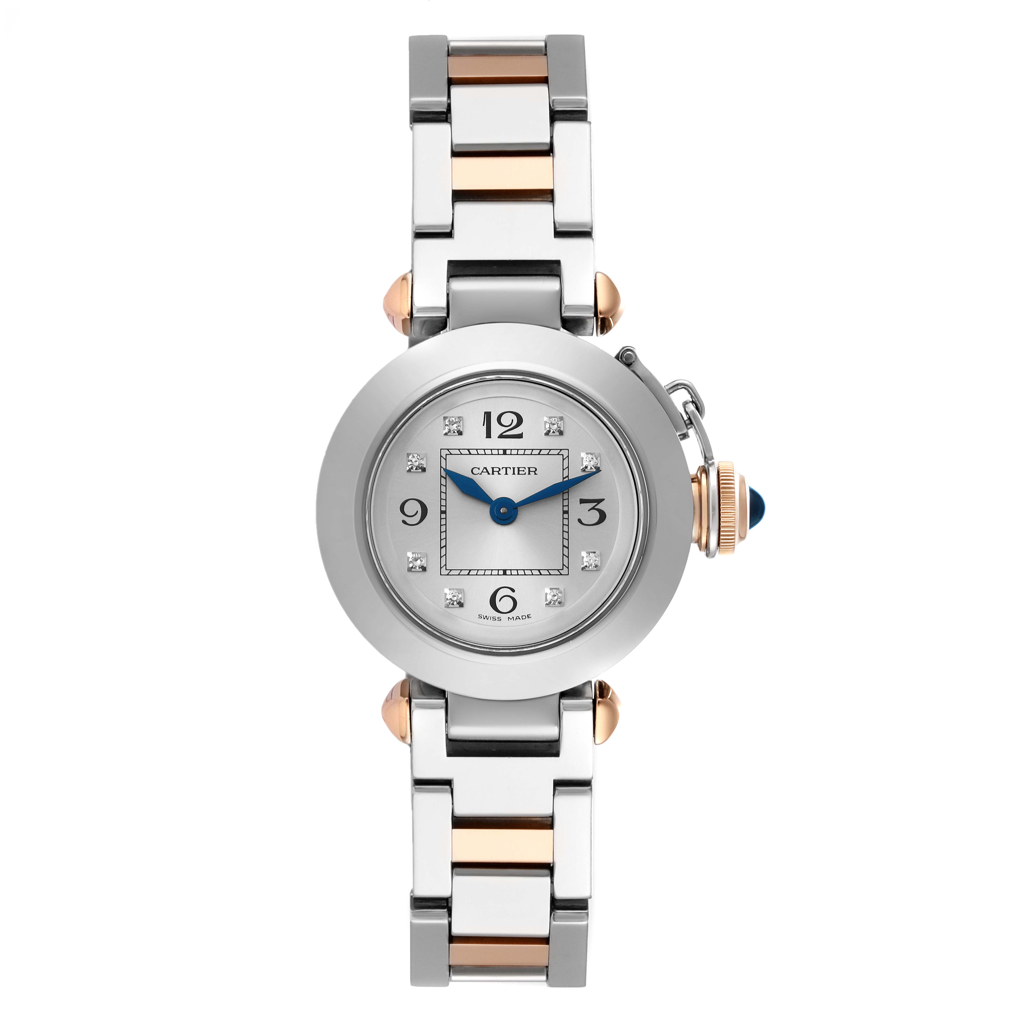 The image shows a front view of a Cartier Pasha WJ124020 Women's Steel and Gold (two tone) Silver Dial WJ124020 Women's Steel and Gold (two tone) Silver Dial watch, highlighting its silver dial, blue hands, and metal bracelet with rose gold accents.