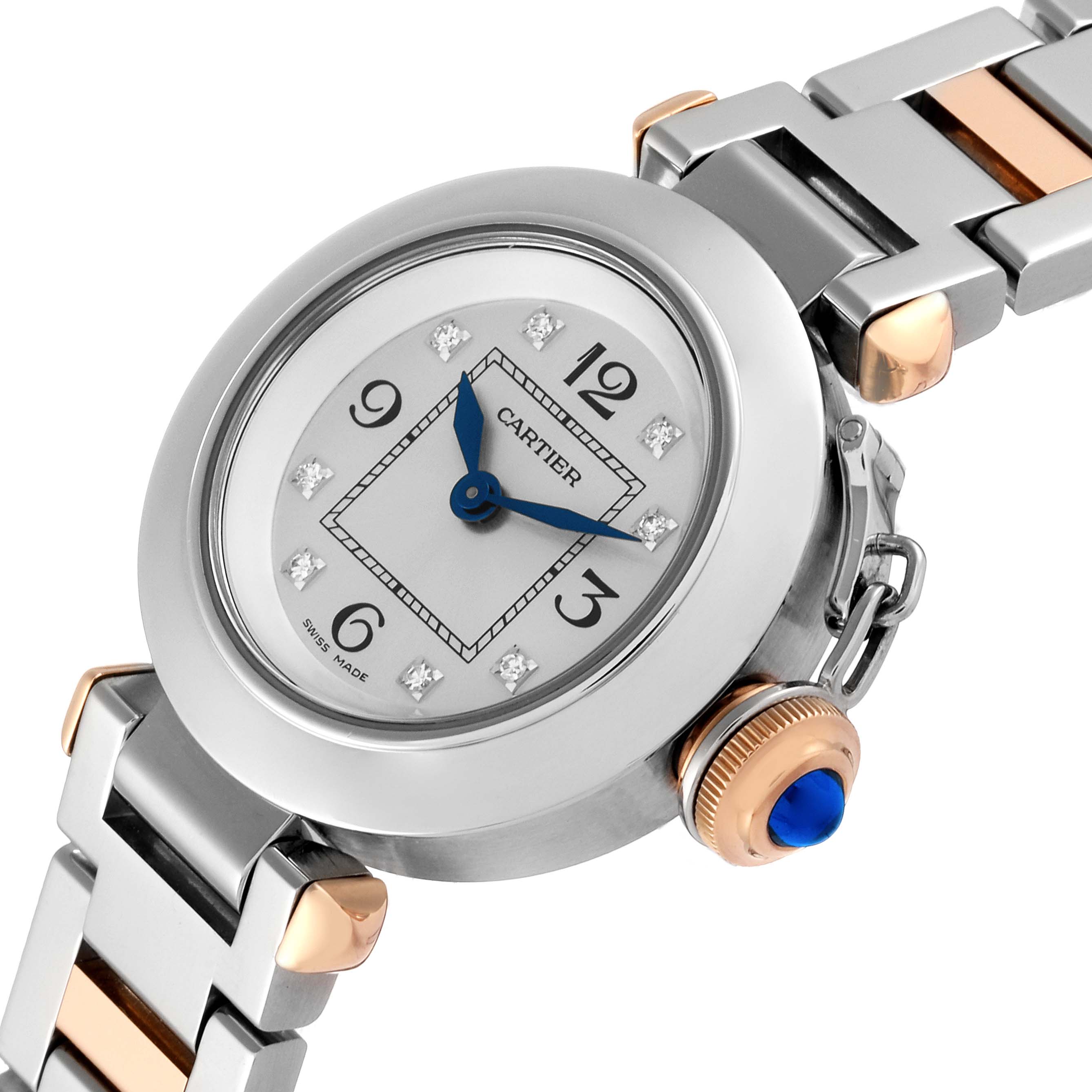 This image shows a close-up angle of the Cartier Pasha WJ124020 Women's Steel and Gold (two tone) Silver Dial WJ124020 Women's Steel and Gold (two tone) Silver Dial watch's face and part of the bracelet, highlighting the crown and dial.