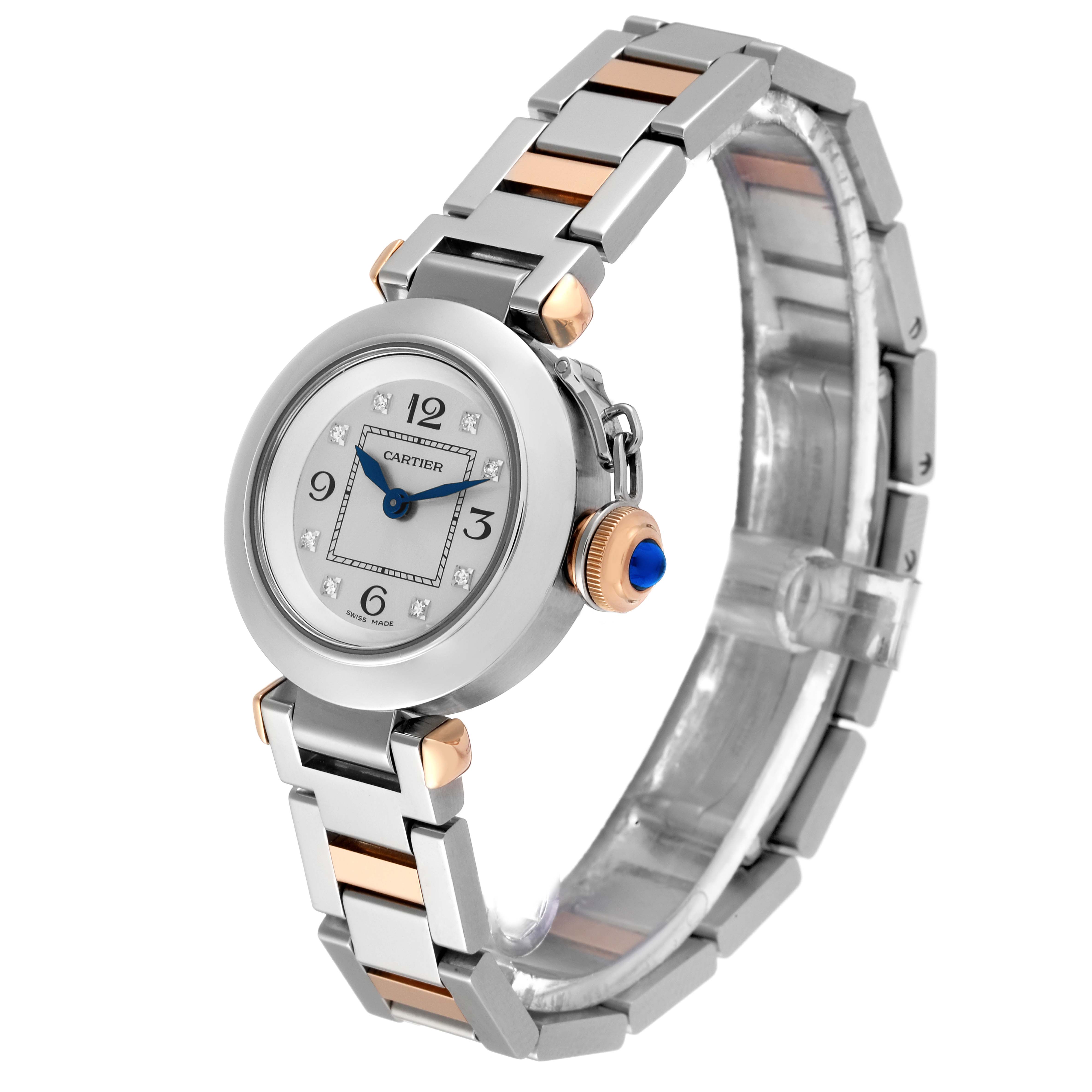 The image shows a Cartier Pasha WJ124020 Women's Steel and Gold (two tone) Silver Dial WJ124020 Women's Steel and Gold (two tone) Silver Dial watch angled to display its face, bracelet, and crown.