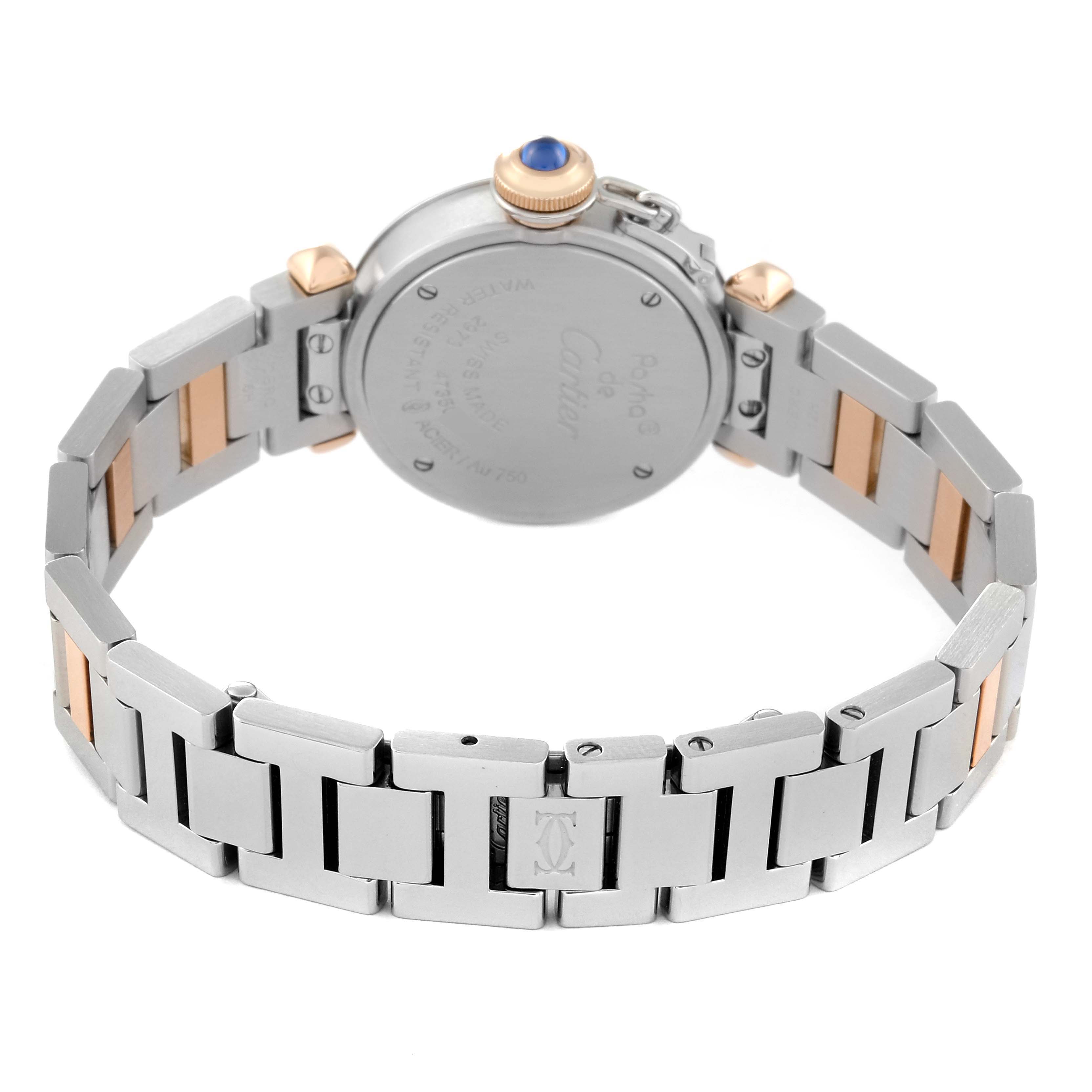 The image shows the back of the Cartier Pasha WJ124020 Women's Steel and Gold (two tone) Silver Dial WJ124020 Women's Steel and Gold (two tone) Silver Dial watch, including the bracelet and case back.