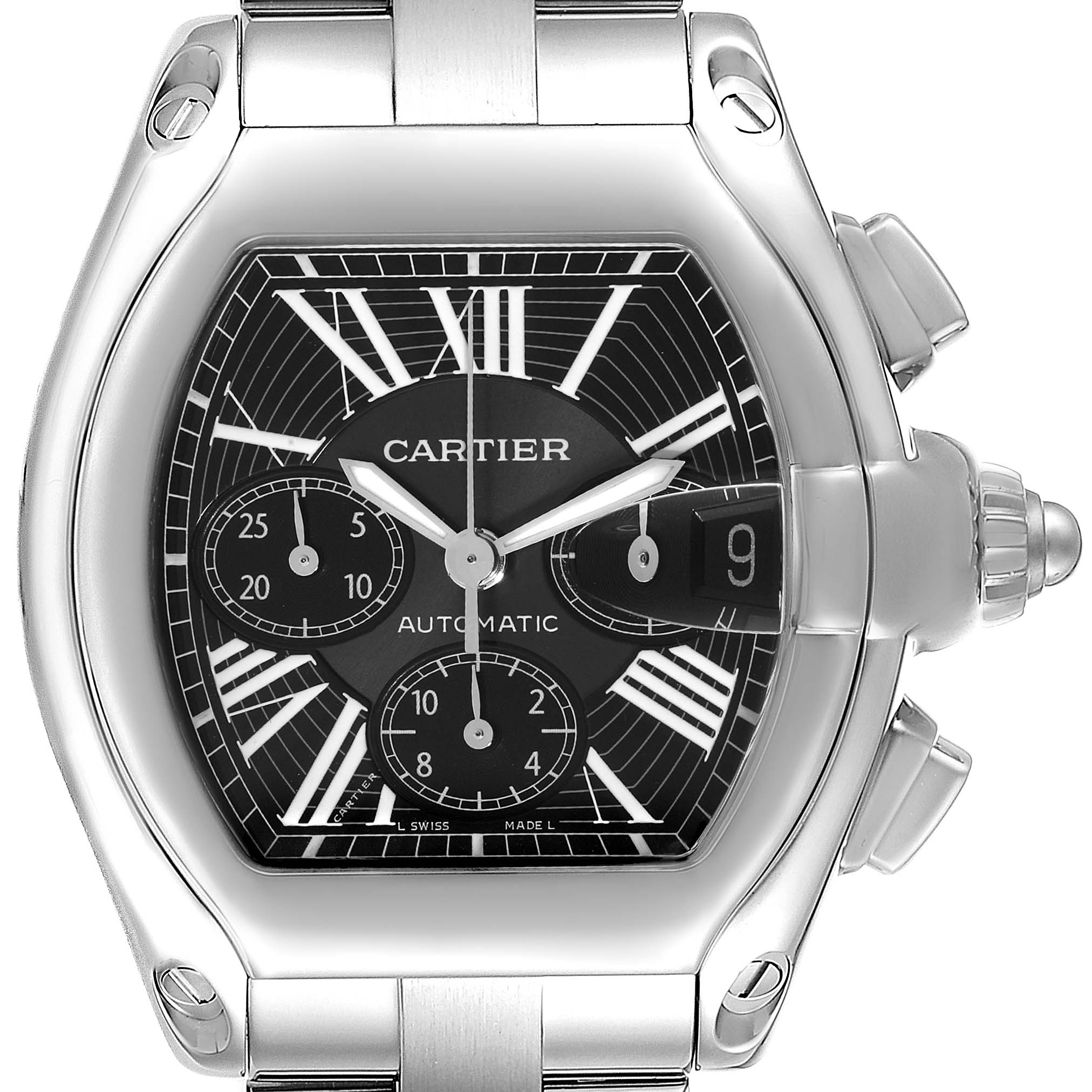 The Cartier Roadster W62020X6 Men's Stainless Steel Black Dial W62020X6 Men's Stainless Steel Black Dial watch is shown from the front, highlighting its dial, hands, and crown.