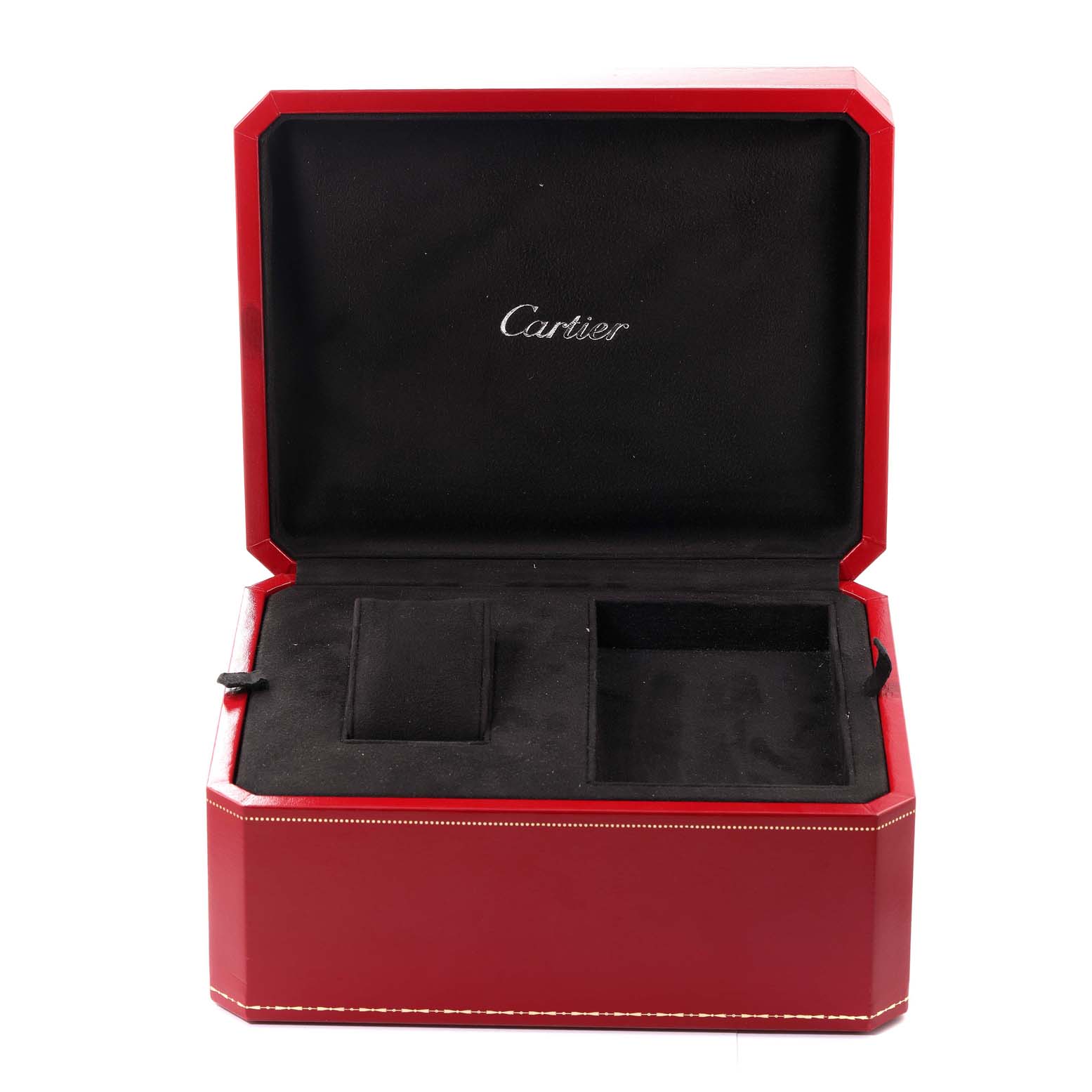 This image shows an open red watch box for the Cartier Roadster W62020X6 Men's Stainless Steel Black Dial W62020X6 Men's Stainless Steel Black Dial model, displaying the internal compartments.