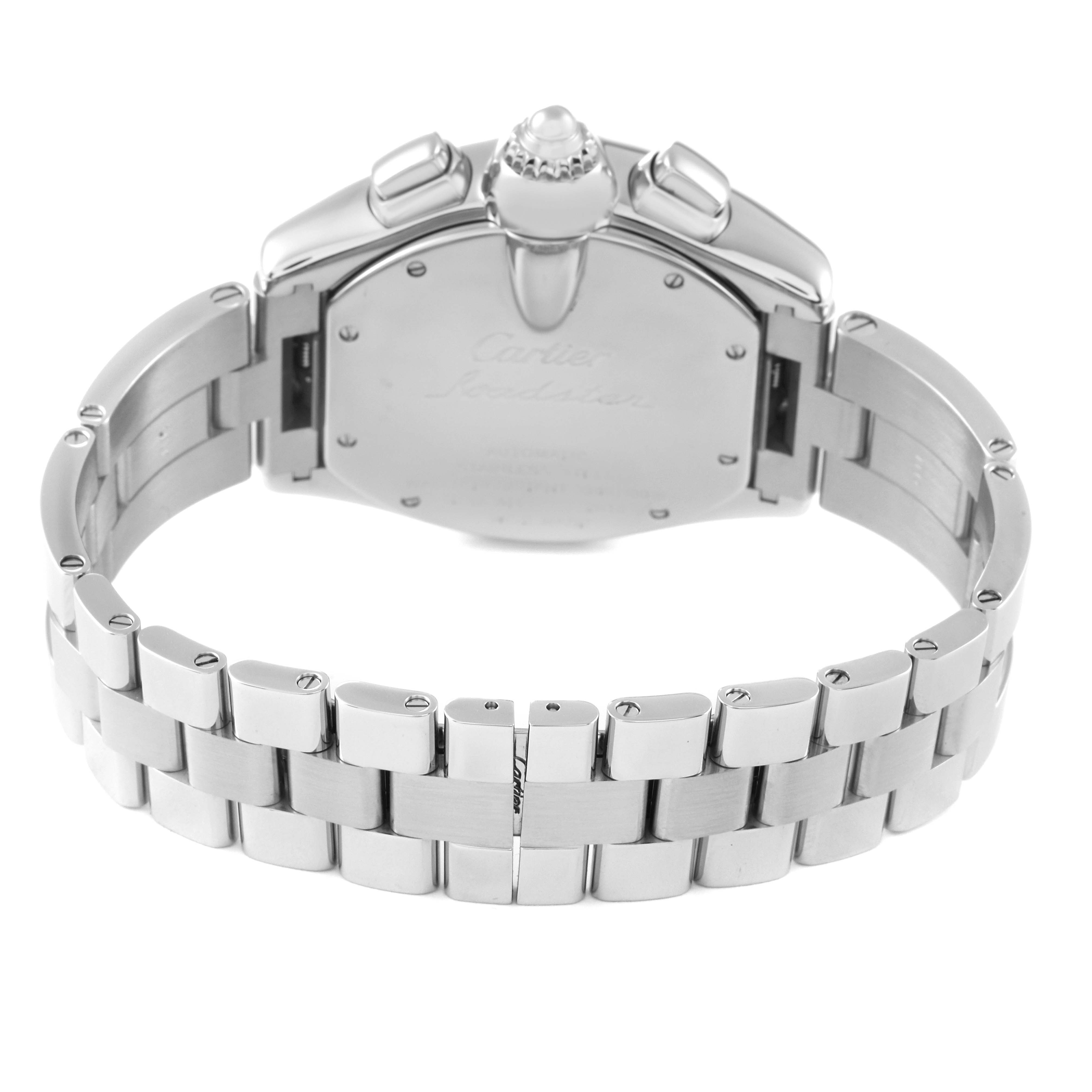 The image shows the back case and bracelet of a Cartier Roadster W62020X6 Men's Stainless Steel Black Dial W62020X6 Men's Stainless Steel Black Dial watch, viewed from a slightly angled rear perspective.