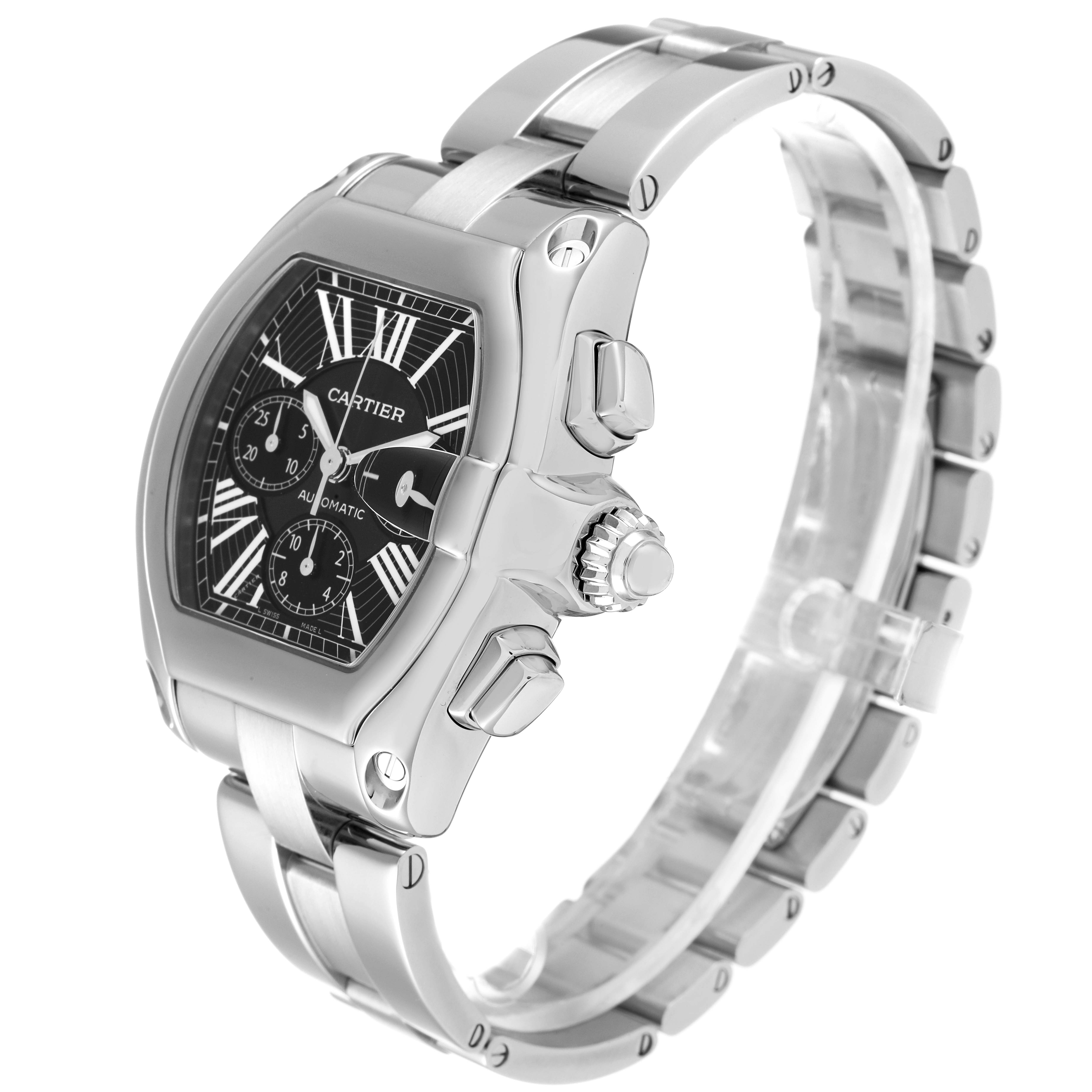 The Cartier Roadster W62020X6 Men's Stainless Steel Black Dial W62020X6 Men's Stainless Steel Black Dial watch is shown at an angled front view, highlighting the face, crown, and bracelet.