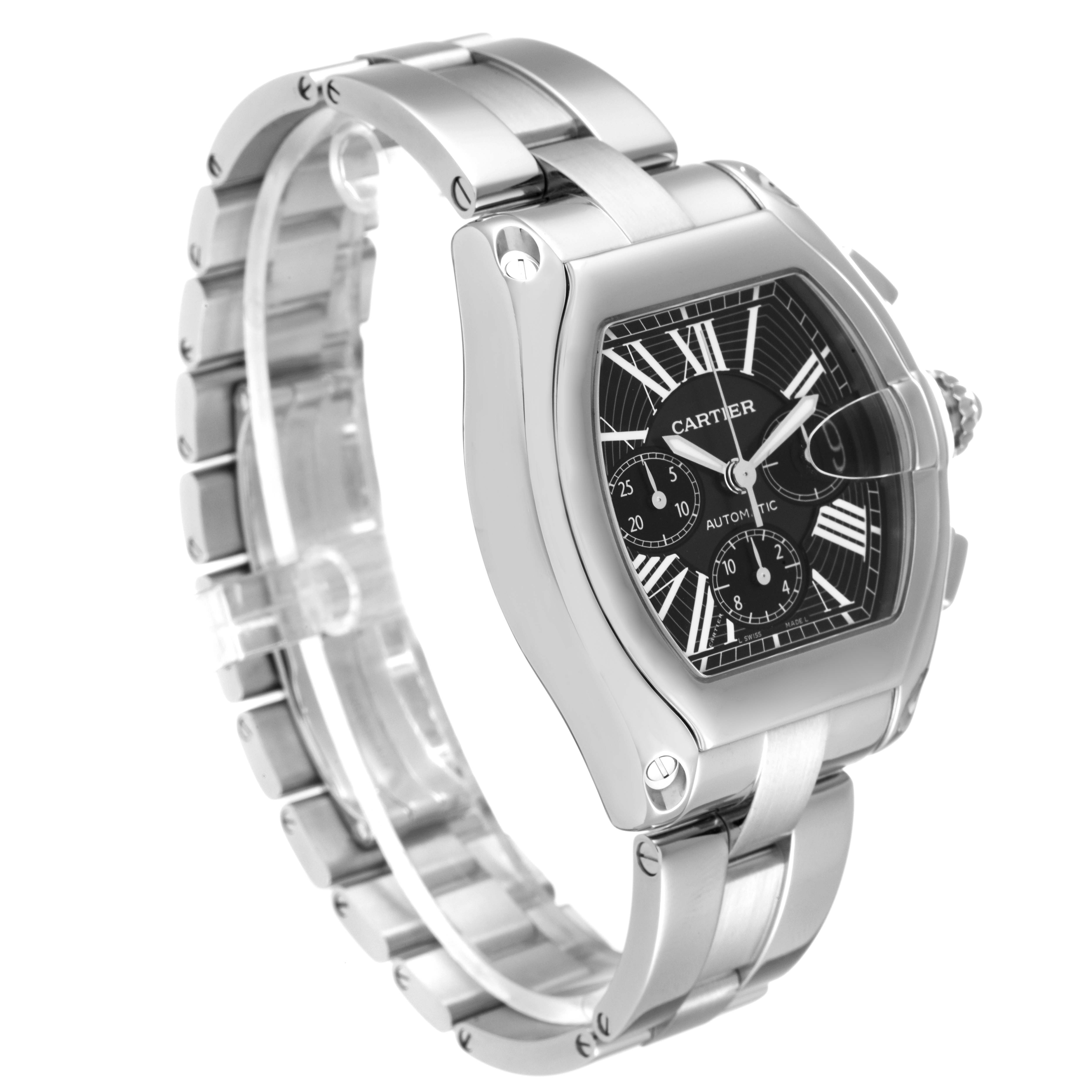 The Cartier Roadster W62020X6 Men's Stainless Steel Black Dial W62020X6 Men's Stainless Steel Black Dial watch is shown at a three-quarter angle, displaying the face, crown, and band.