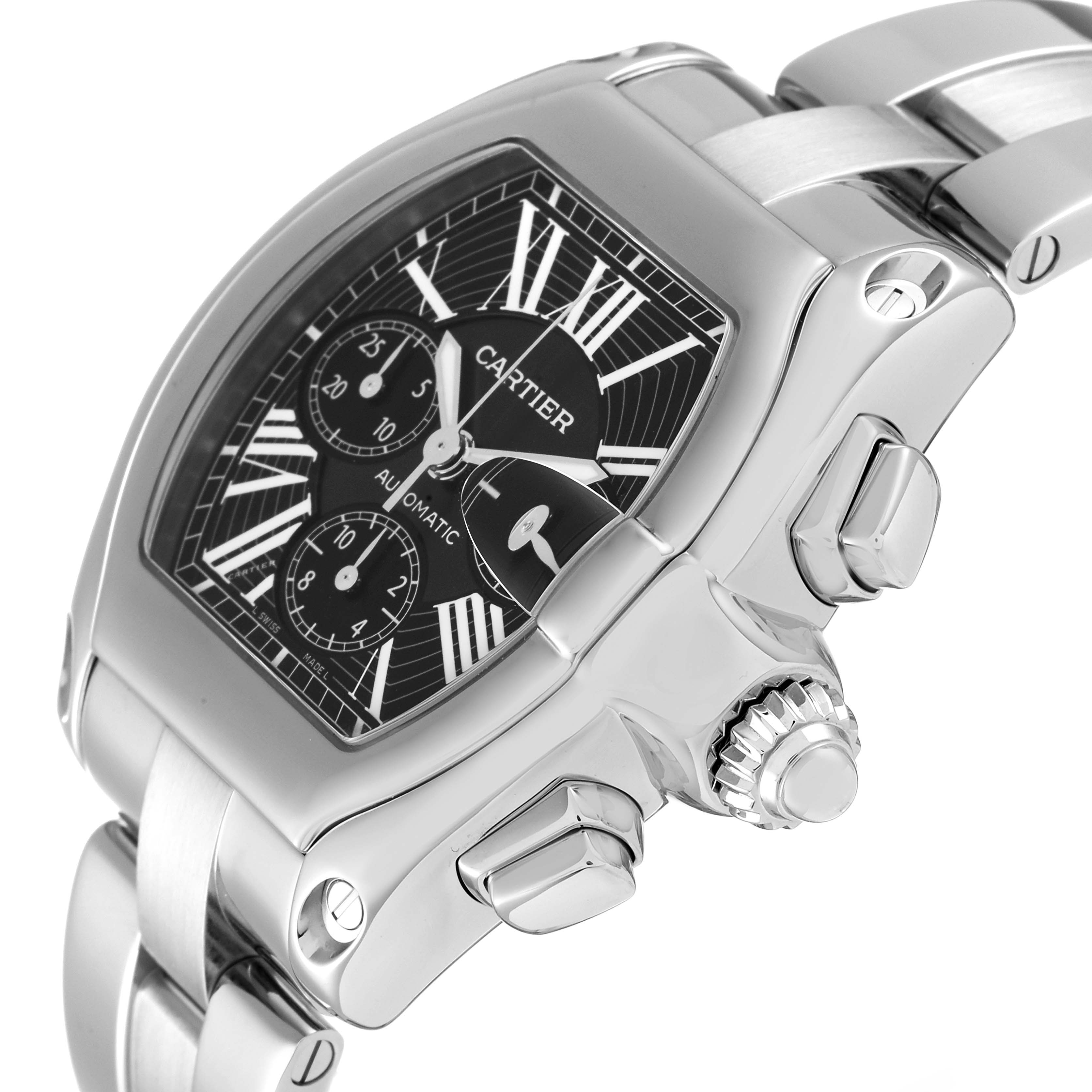 The Cartier Roadster W62020X6 Men's Stainless Steel Black Dial W62020X6 Men's Stainless Steel Black Dial watch is shown from a side angle, highlighting its face, crown, and stainless steel bracelet.