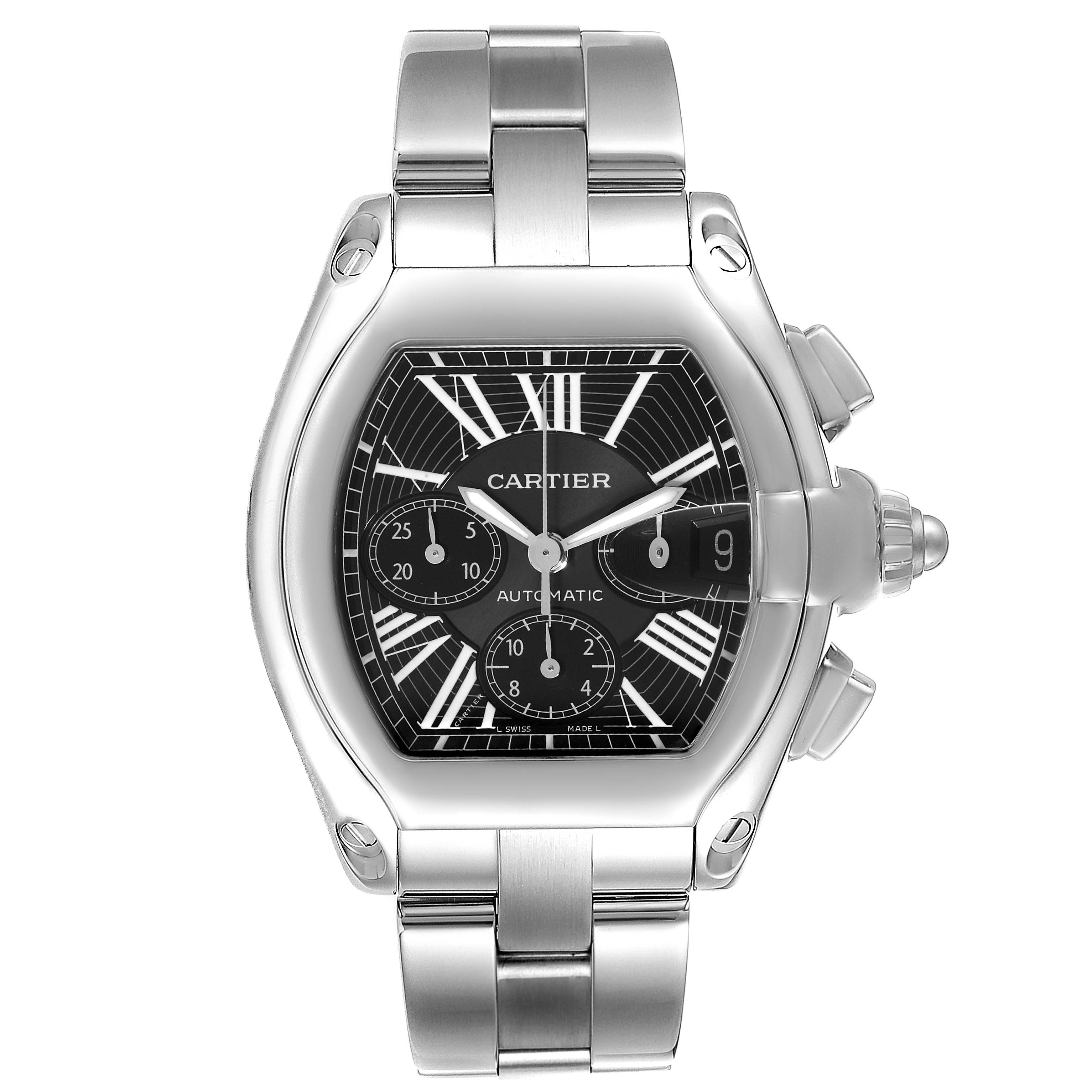The image shows a frontal view of the Cartier Roadster W62020X6 Men's Stainless Steel Black Dial W62020X6 Men's Stainless Steel Black Dial model watch, displaying its dial, hands, and metal bracelet.
