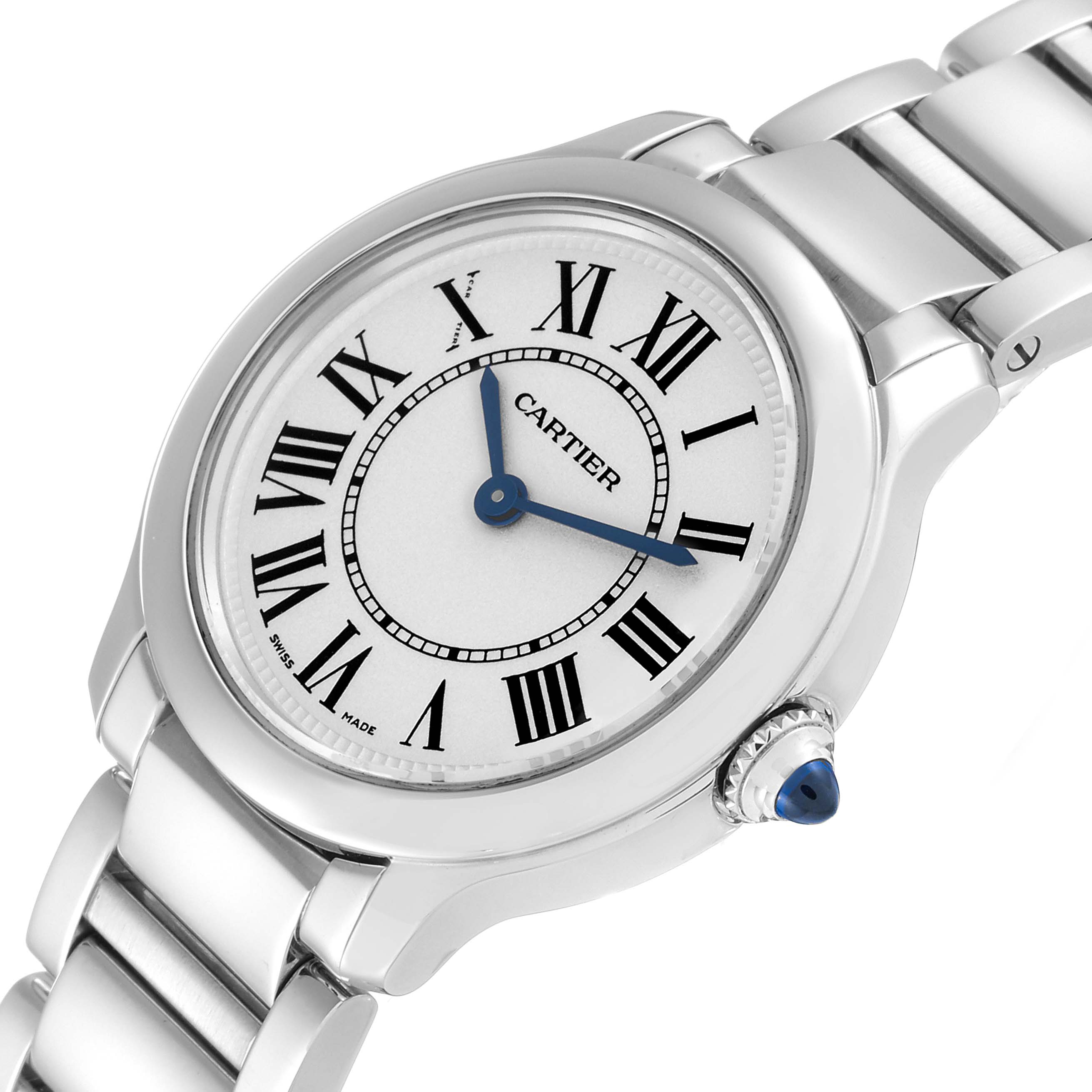 The image shows a close-up view of the dial, bezel, crown, and bracelet of a Cartier Ronde WSRN0033 Women's Stainless Steel Silver Dial WSRN0033 Women's Stainless Steel Silver Dial watch.