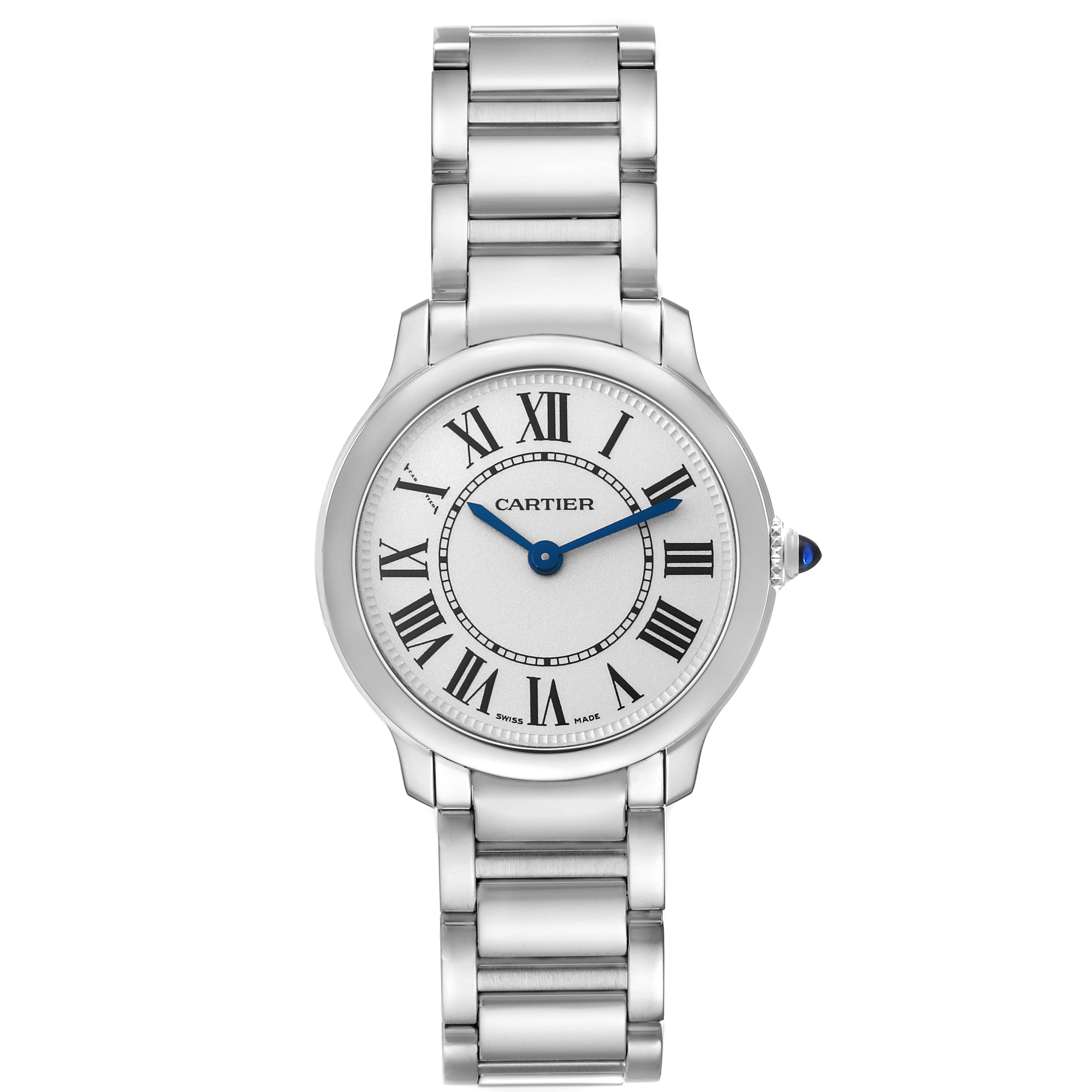 The image shows a Cartier Ronde WSRN0033 Women's Stainless Steel Silver Dial WSRN0033 Women's Stainless Steel Silver Dial watch from a front angle, featuring its dial, case, and metal bracelet.