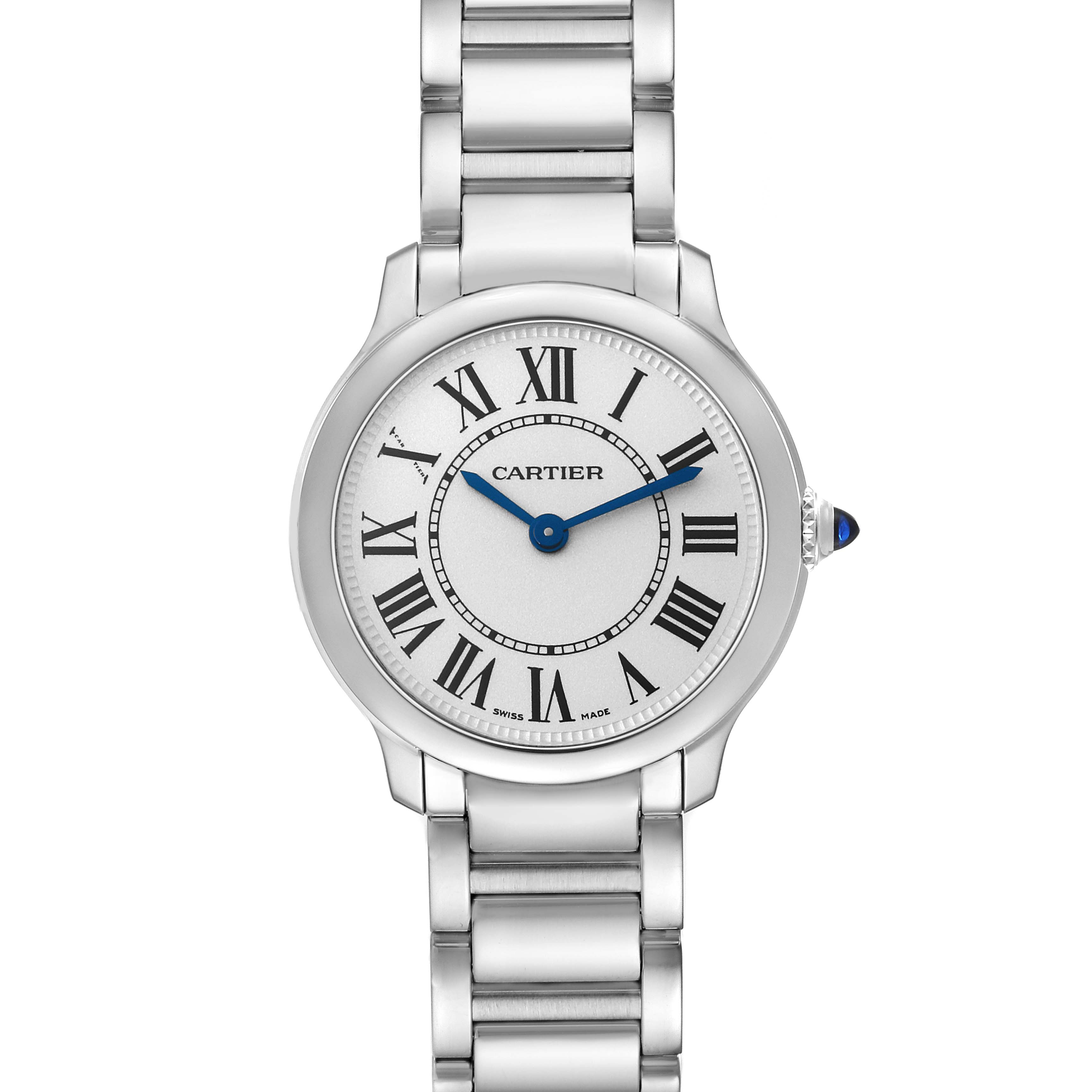 The image shows a front view of a Cartier Ronde WSRN0033 Women's Stainless Steel Silver Dial WSRN0033 Women's Stainless Steel Silver Dial model watch, highlighting the face, bracelet, and crown with a blue cabochon.