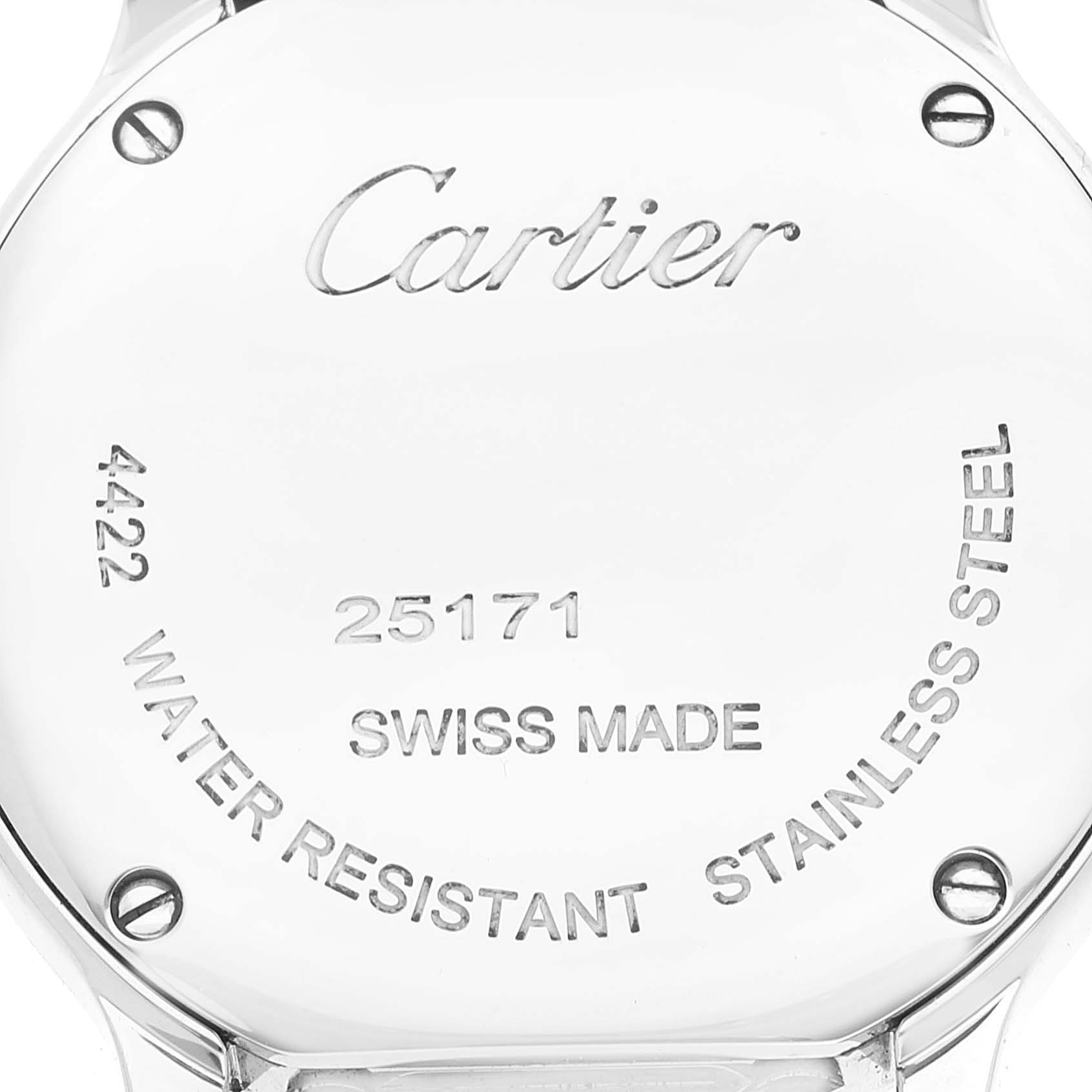 This image shows the back of a Cartier Ronde WSRN0033 Women's Stainless Steel Silver Dial WSRN0033 Women's Stainless Steel Silver Dial watch, displaying the brand name, model number, and specifications.