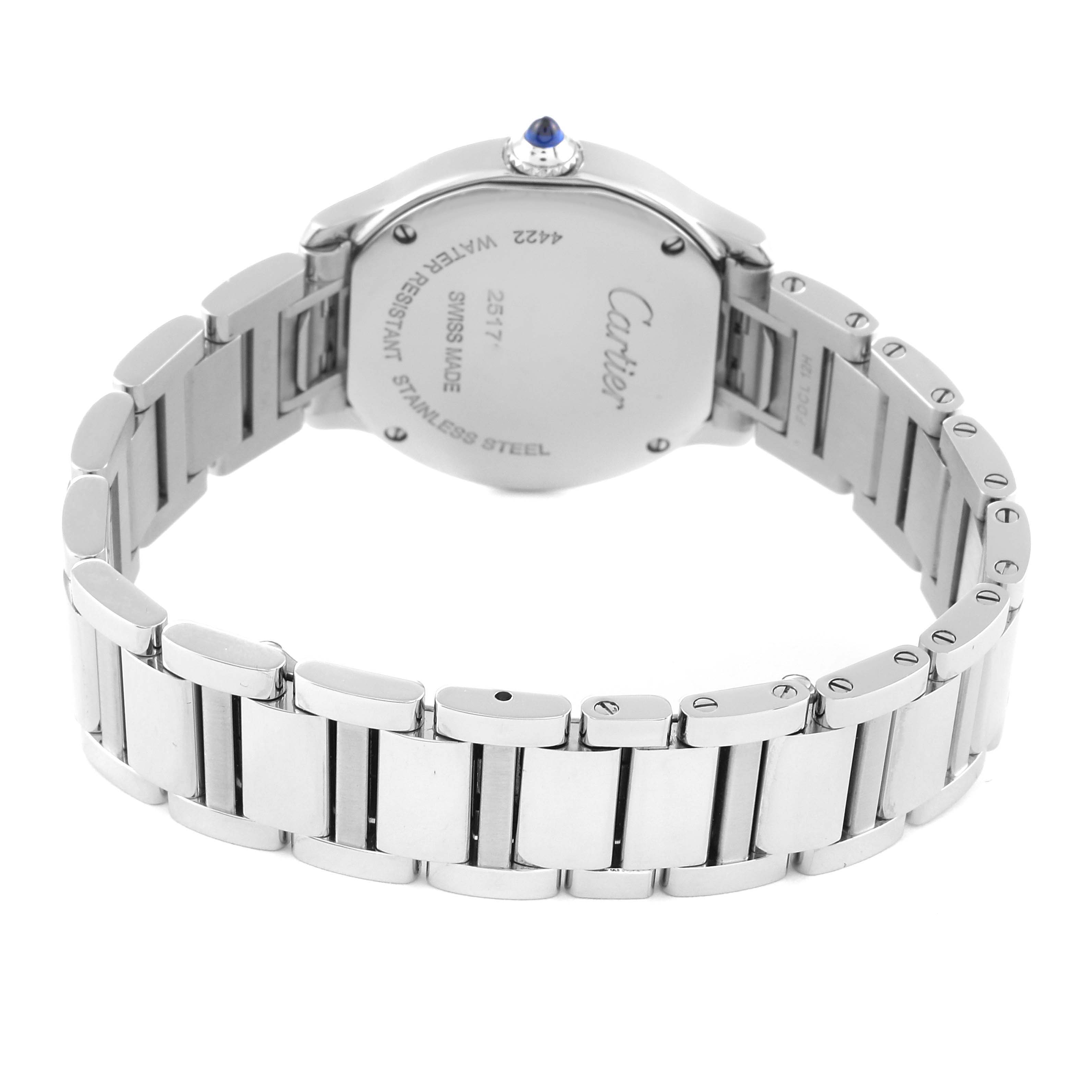 This image shows the back view and bracelet of the Cartier Ronde WSRN0033 Women's Stainless Steel Silver Dial WSRN0033 Women's Stainless Steel Silver Dial watch, highlighting the case back details and metal bracelet.