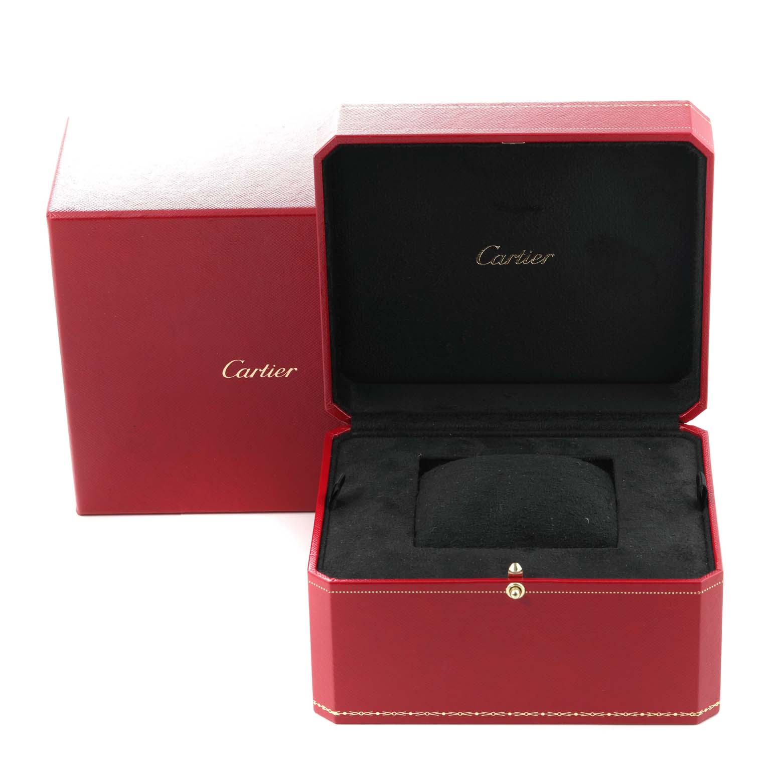 The image shows an open Cartier Ronde WSRN0033 Women's Stainless Steel Silver Dial WSRN0033 Women's Stainless Steel Silver Dial model watch box with a red exterior and a black interior cushion.