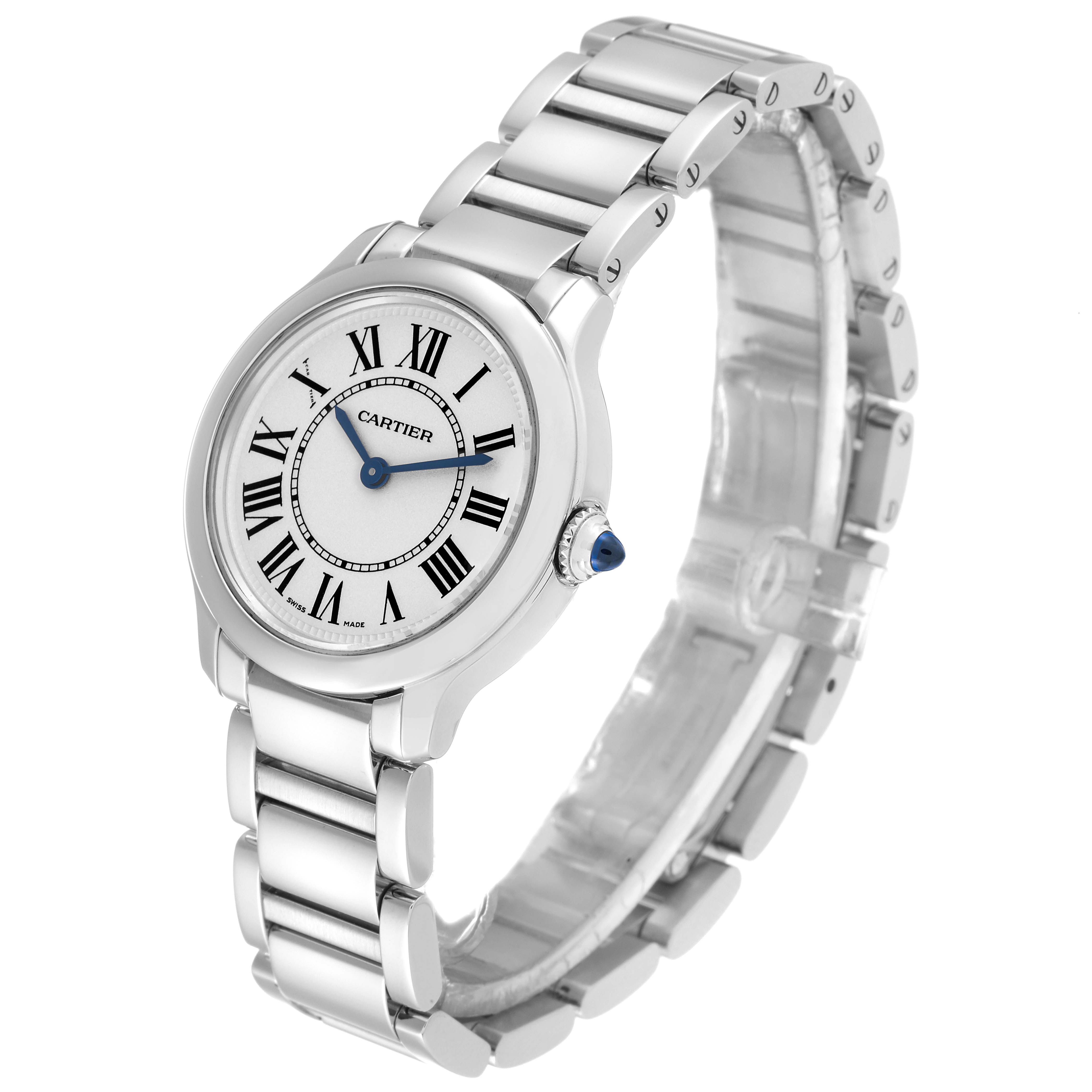 The image shows the front and side angle of a Cartier Ronde WSRN0033 Women's Stainless Steel Silver Dial WSRN0033 Women's Stainless Steel Silver Dial model watch displaying its dial, bezel, and metal bracelet.