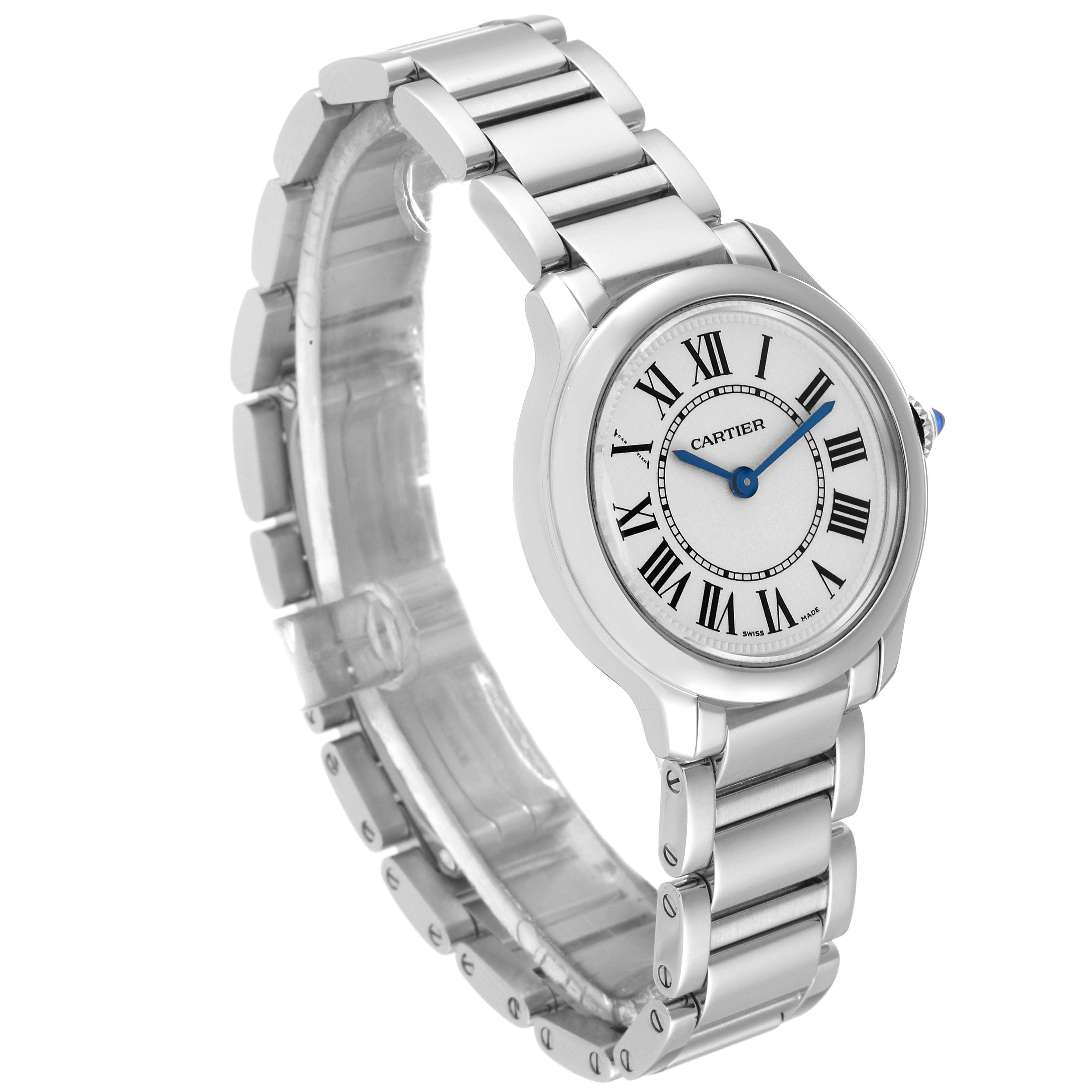 The Cartier Ronde WSRN0033 Women's Stainless Steel Silver Dial WSRN0033 Women's Stainless Steel Silver Dial watch is shown from an angled front perspective, displaying the face, case, and metal bracelet.