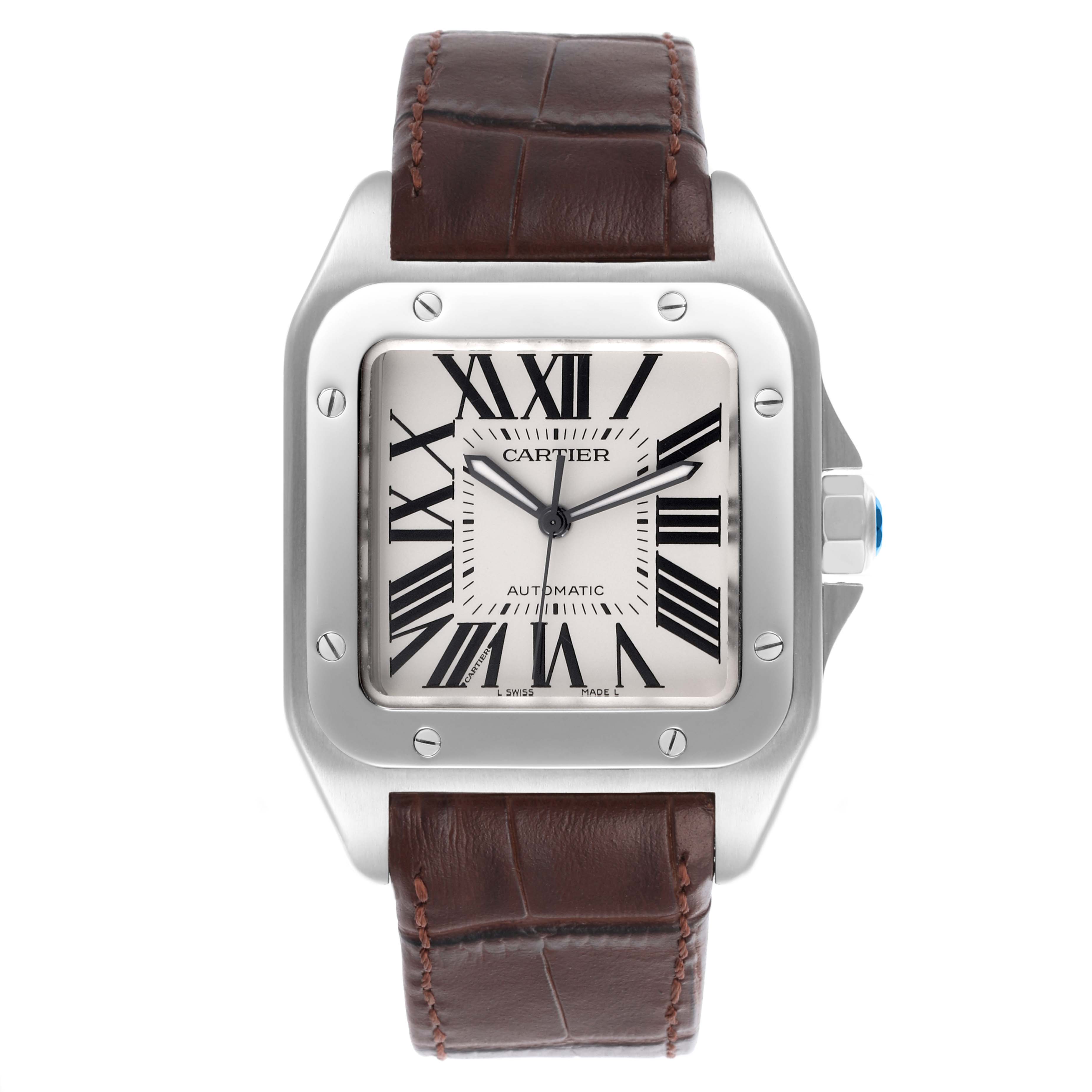 The Cartier Santos W20073X8 Men
s Stainless Steel Silver Dial W20073X8 Men
s Stainless Steel Silver Dial watch is shown from the front, displaying its face, bezel, and leather strap.
