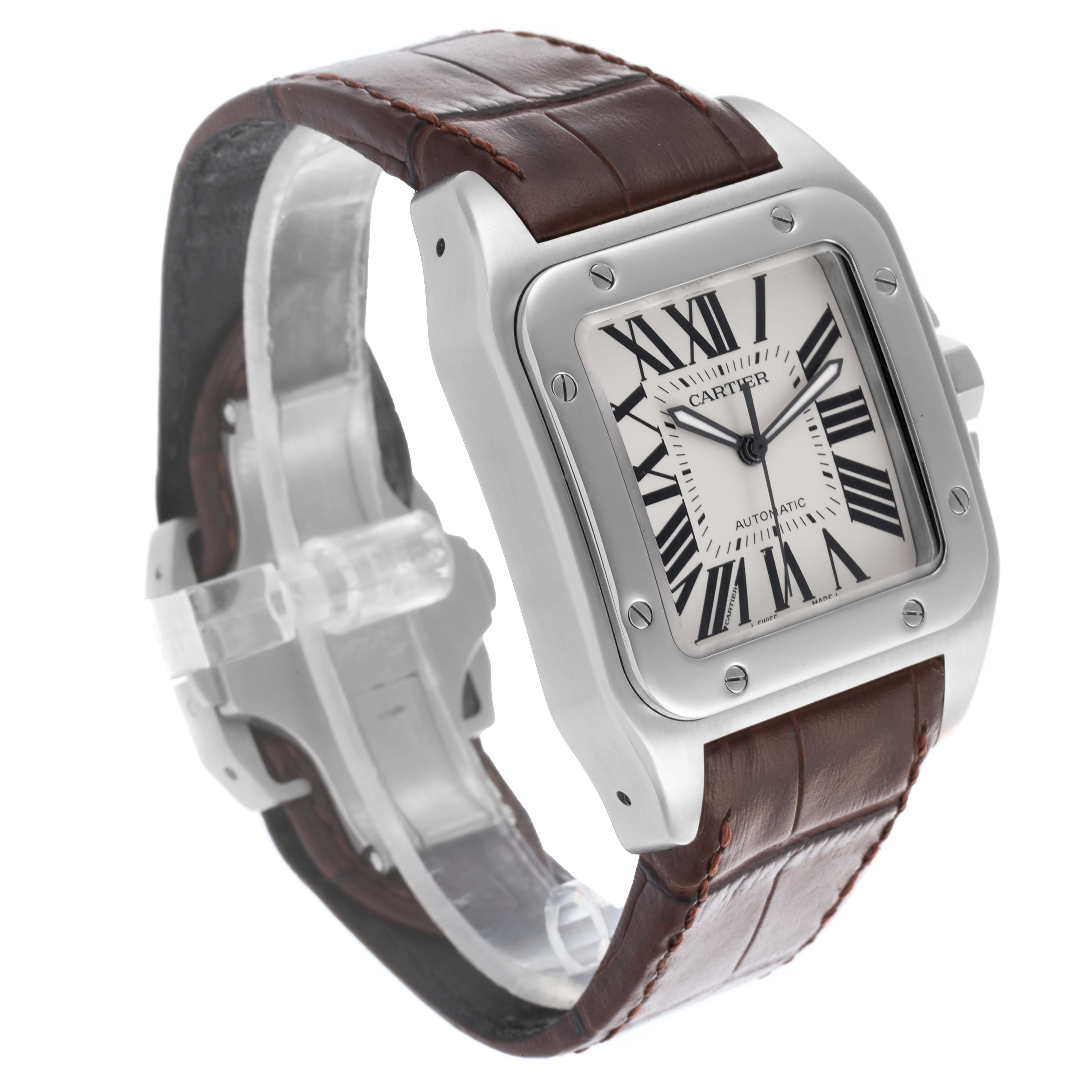 The Cartier Santos W20073X8 Men
s Stainless Steel Silver Dial W20073X8 Men
s Stainless Steel Silver Dial watch is shown at a three-quarter angle, highlighting the dial, bezel, and brown leather strap.