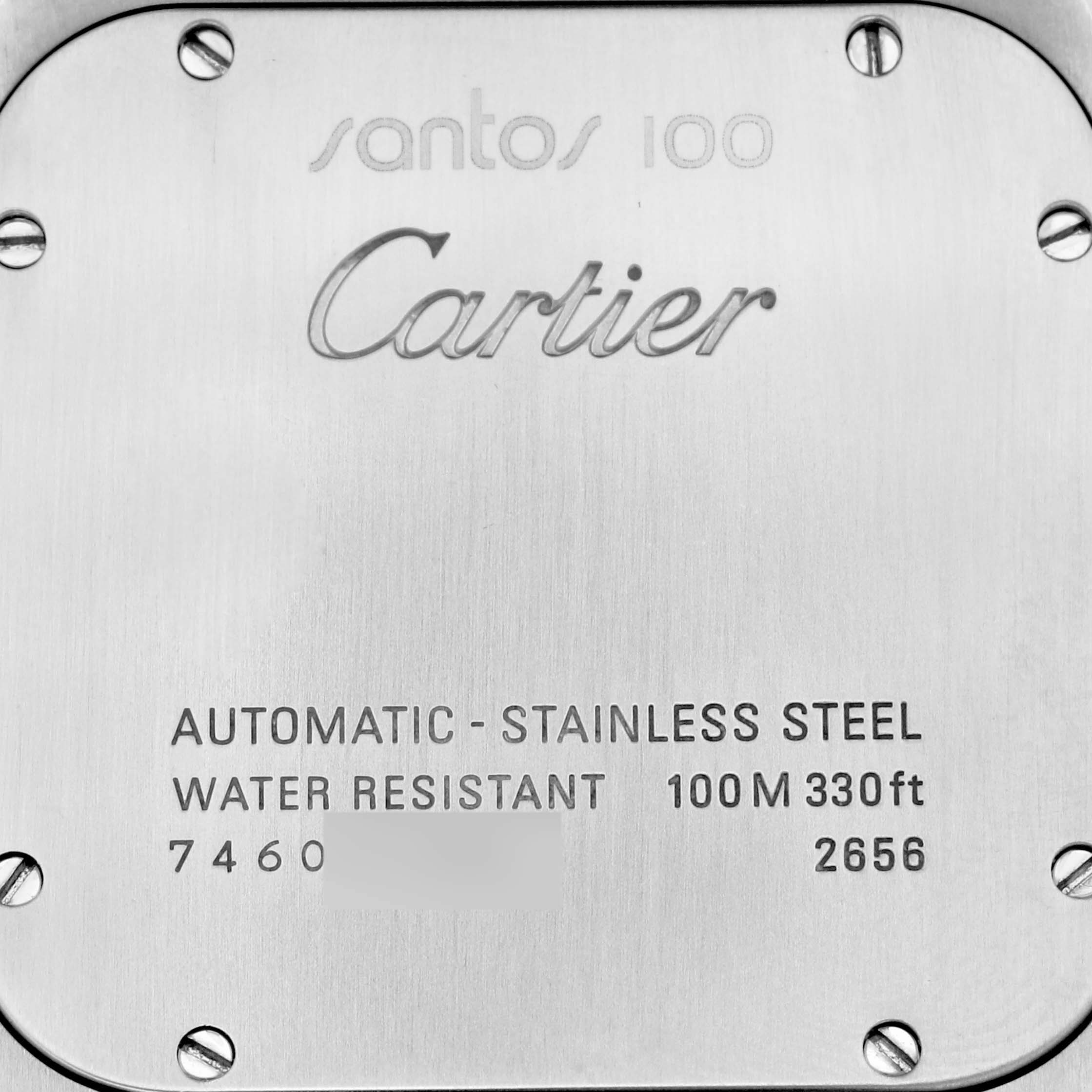 The image shows the back of a Cartier Santos W20073X8 Men
s Stainless Steel Silver Dial W20073X8 Men
s Stainless Steel Silver Dial 100 watch, highlighting brand details and specifications.