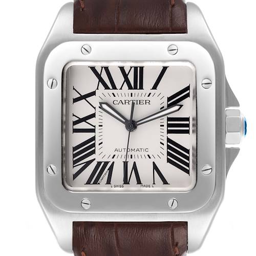 The Cartier Santos watch is shown from the front, highlighting the face, bezel, and part of the leather strap.