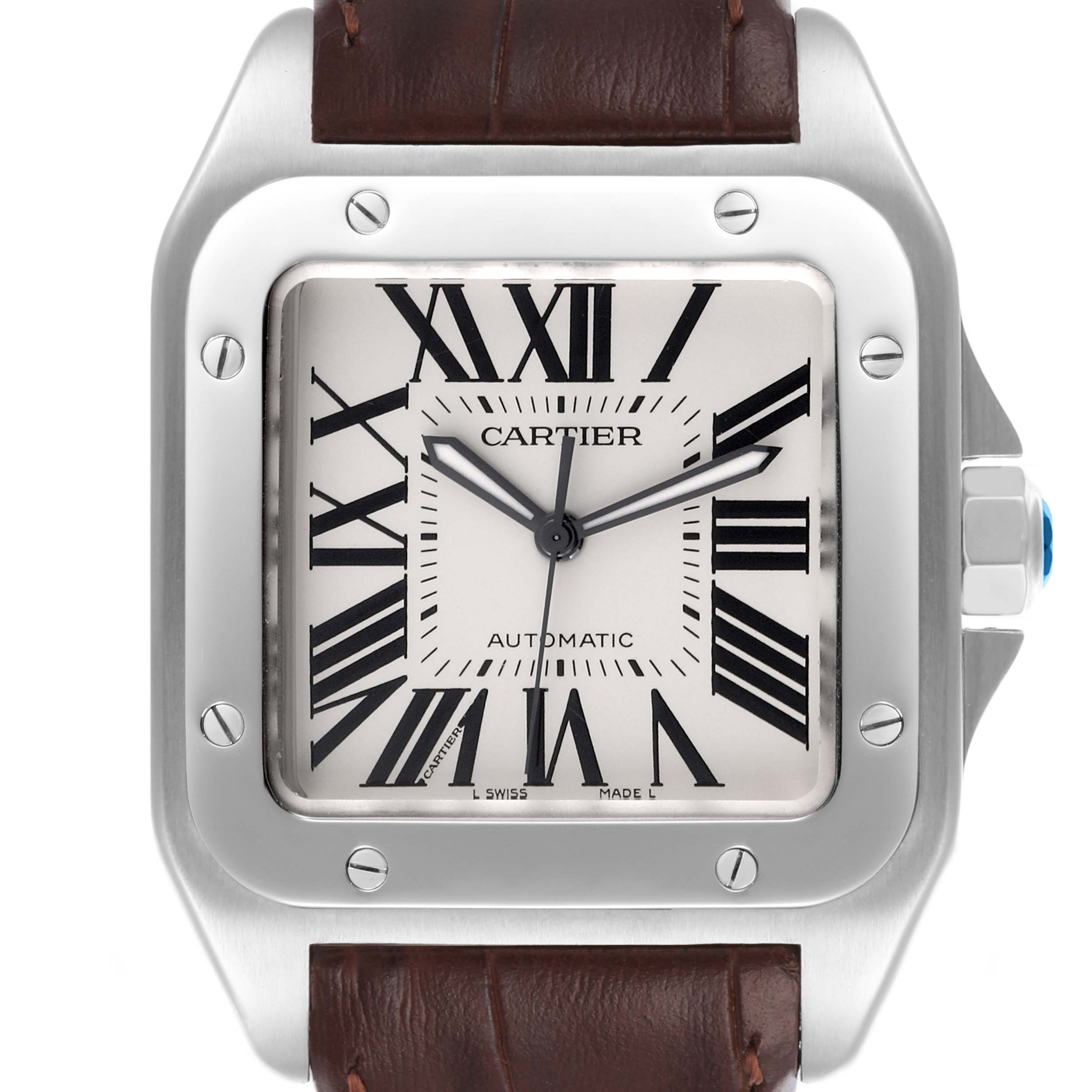 The image shows the face and part of the brown leather strap of a Cartier Santos W20073X8 Men
s Stainless Steel Silver Dial W20073X8 Men
s Stainless Steel Silver Dial watch, viewed from the front.