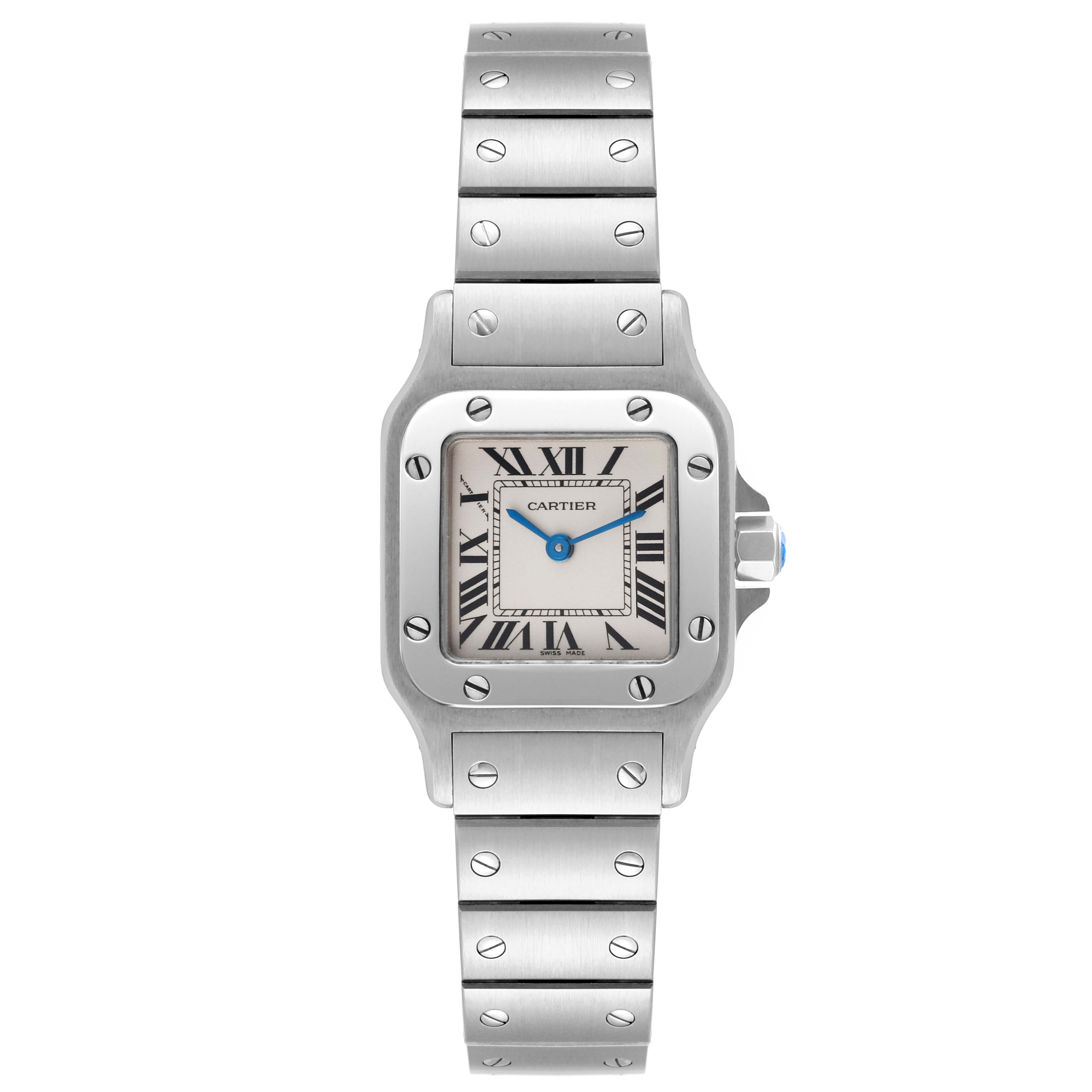 The image displays a Cartier Santos W20056D6 Women's Stainless Steel Silver Dial W20056D6 Women's Stainless Steel Silver Dial watch showing the face, bezel, crown, and bracelet from a front view.