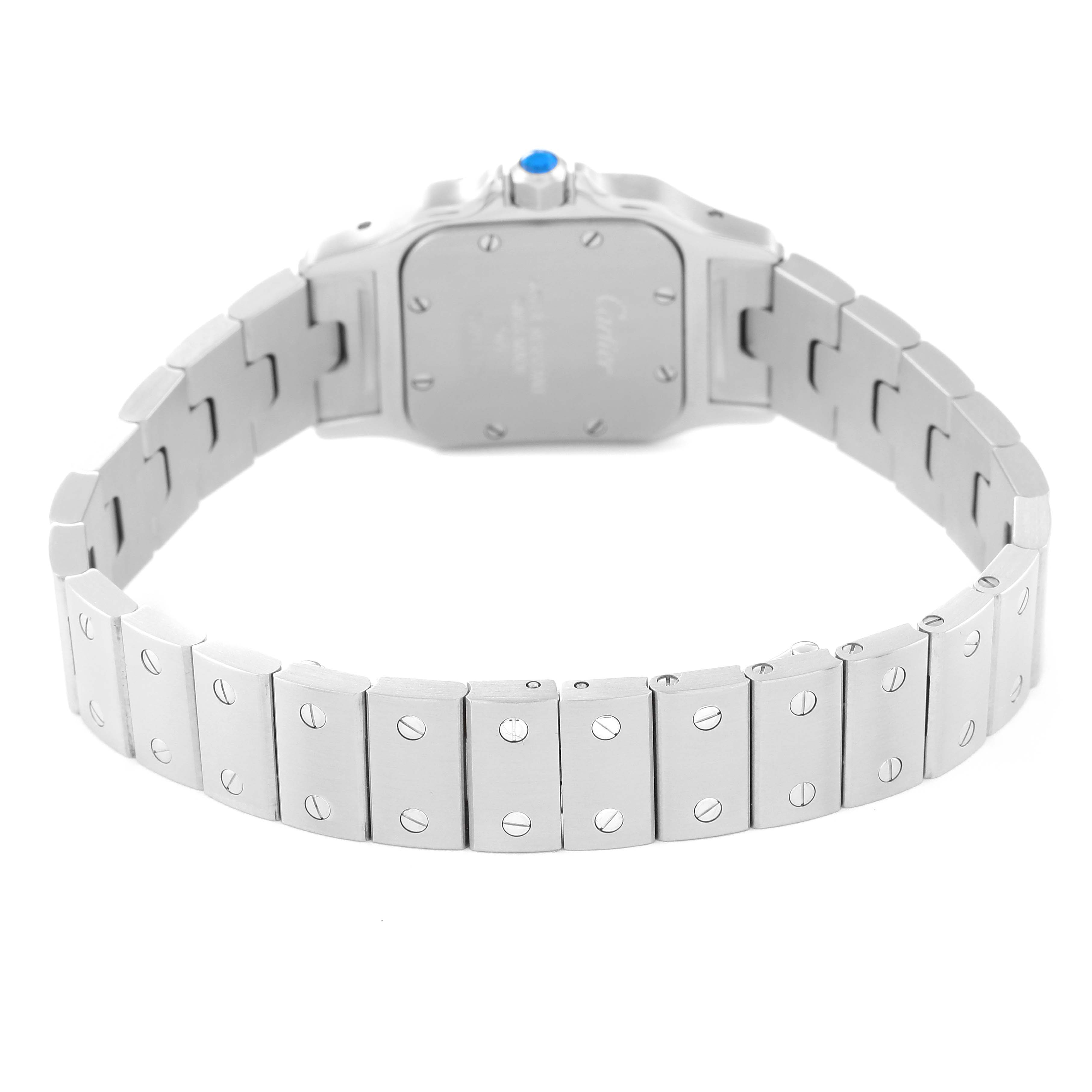 The image shows the backside and bracelet of a Cartier Santos W20056D6 Women's Stainless Steel Silver Dial W20056D6 Women's Stainless Steel Silver Dial watch, highlighting the metal links and screws.