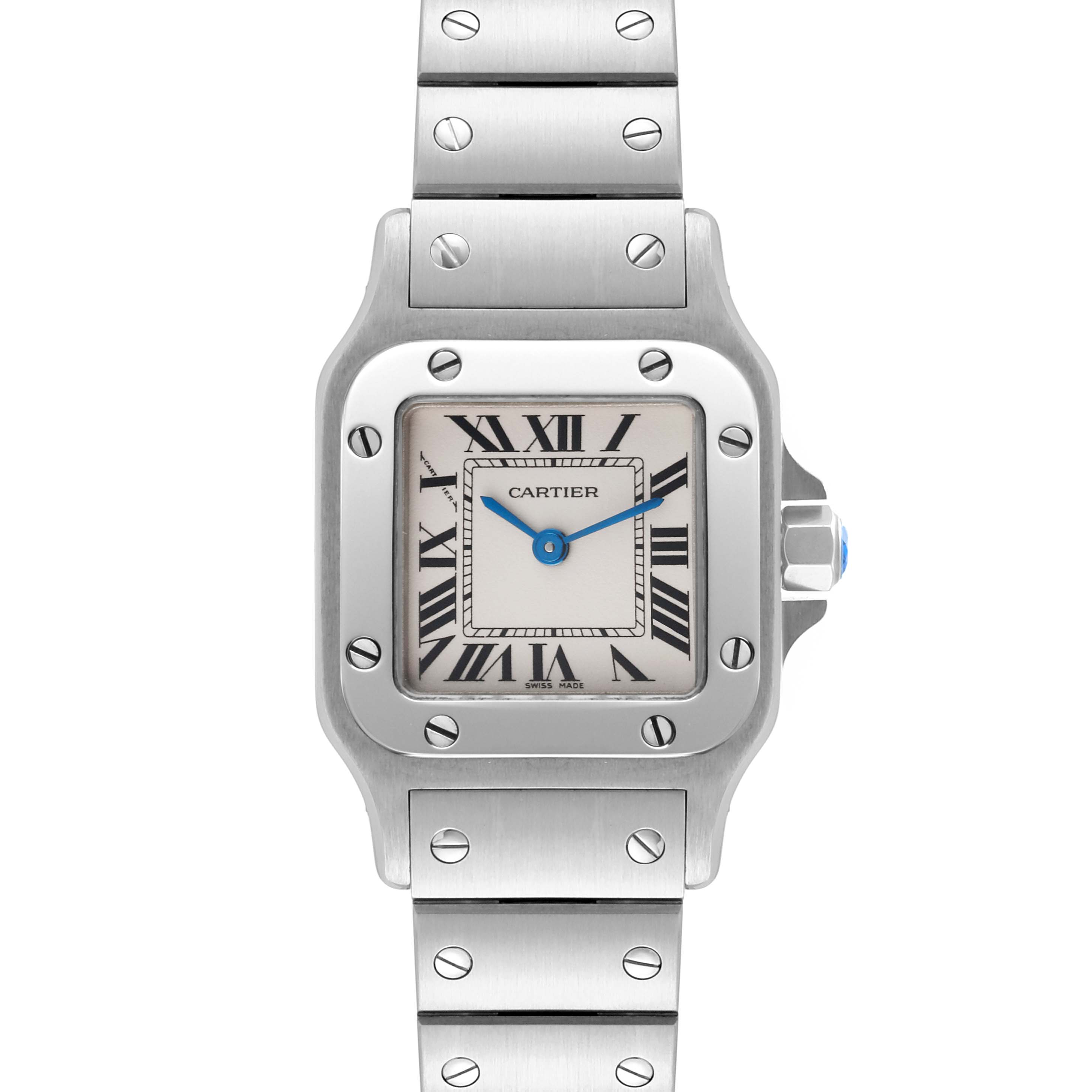 The Cartier Santos W20056D6 Women's Stainless Steel Silver Dial W20056D6 Women's Stainless Steel Silver Dial watch is shown from the front, displaying the face, bezel, and part of the bracelet.