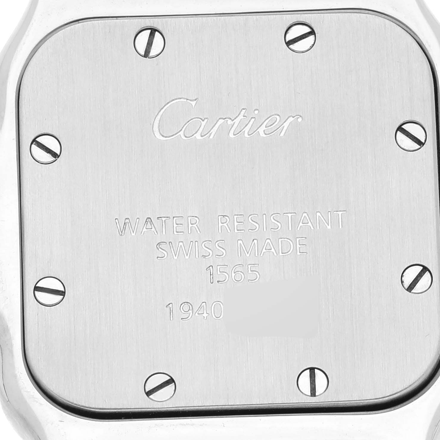 This image shows the back case of a Cartier Santos W20056D6 Women's Stainless Steel Silver Dial W20056D6 Women's Stainless Steel Silver Dial watch, displaying the brand name, model, and specifications.