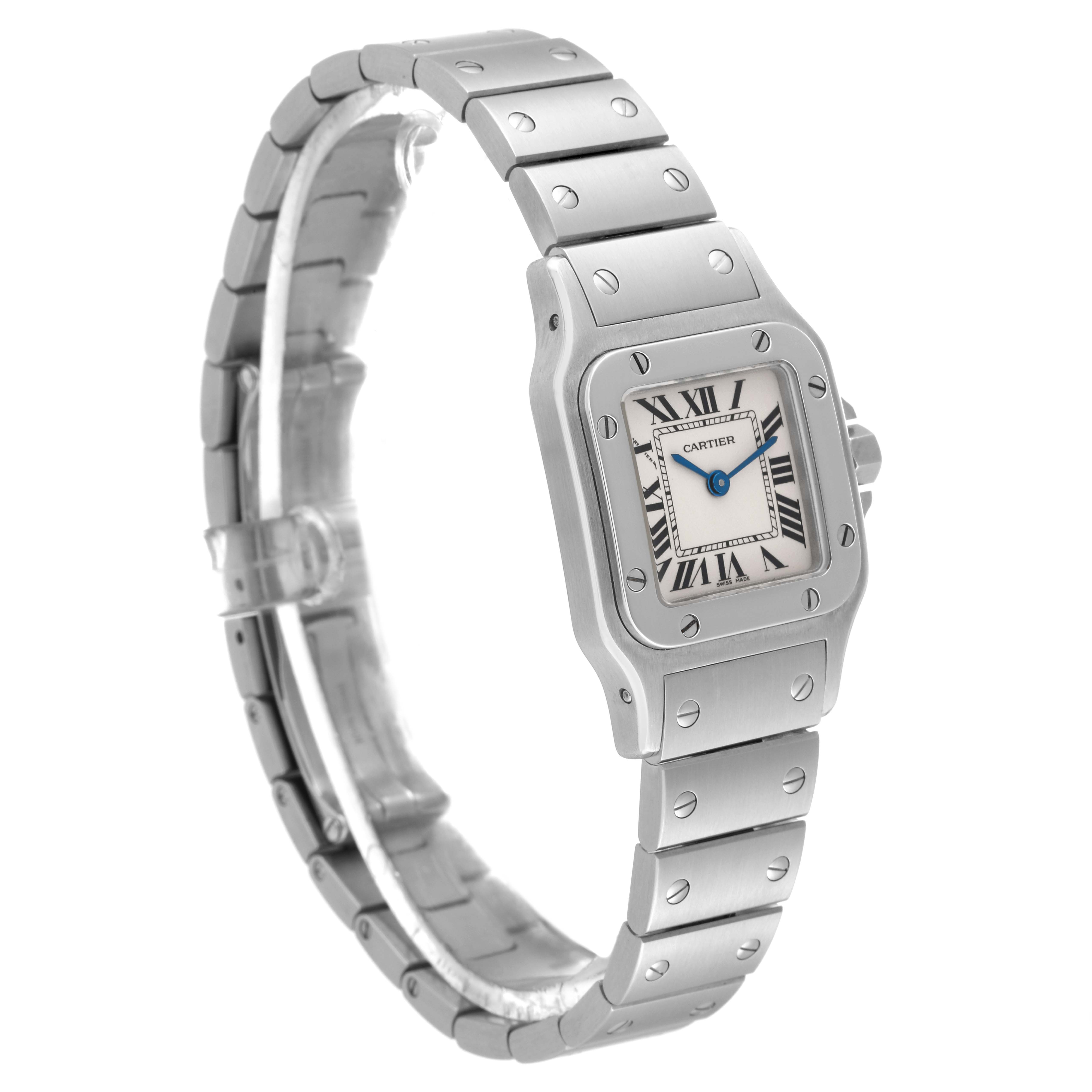 This Cartier Santos W20056D6 Women's Stainless Steel Silver Dial W20056D6 Women's Stainless Steel Silver Dial watch is shown at a slight side angle, highlighting the face, bezel, and bracelet.