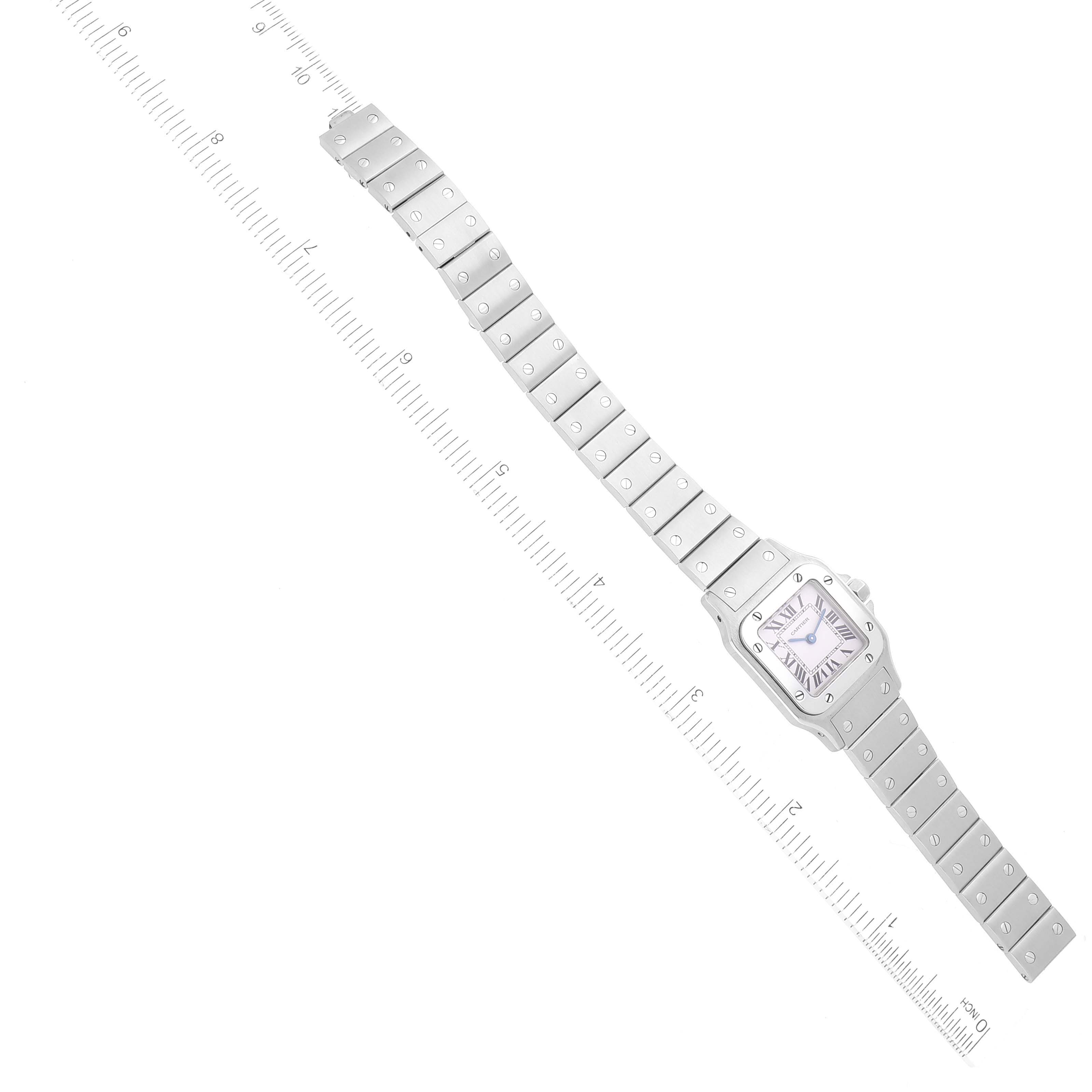 The image shows a top-angle view of a Cartier Santos W20056D6 Women's Stainless Steel Silver Dial W20056D6 Women's Stainless Steel Silver Dial model watch, displaying the full watch including the dial and bracelet.