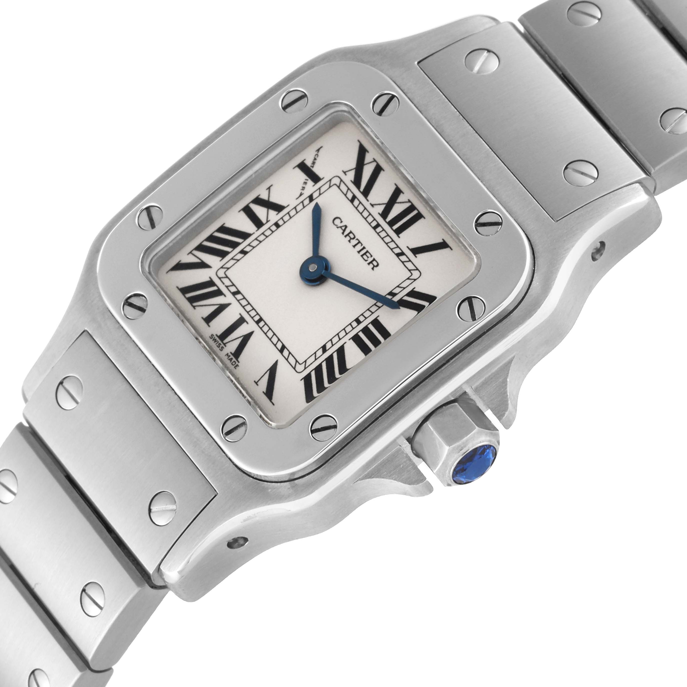 The Cartier Santos W20056D6 Women's Stainless Steel Silver Dial W20056D6 Women's Stainless Steel Silver Dial watch is shown from a side angle, highlighting the dial, crown, and part of the bracelet.