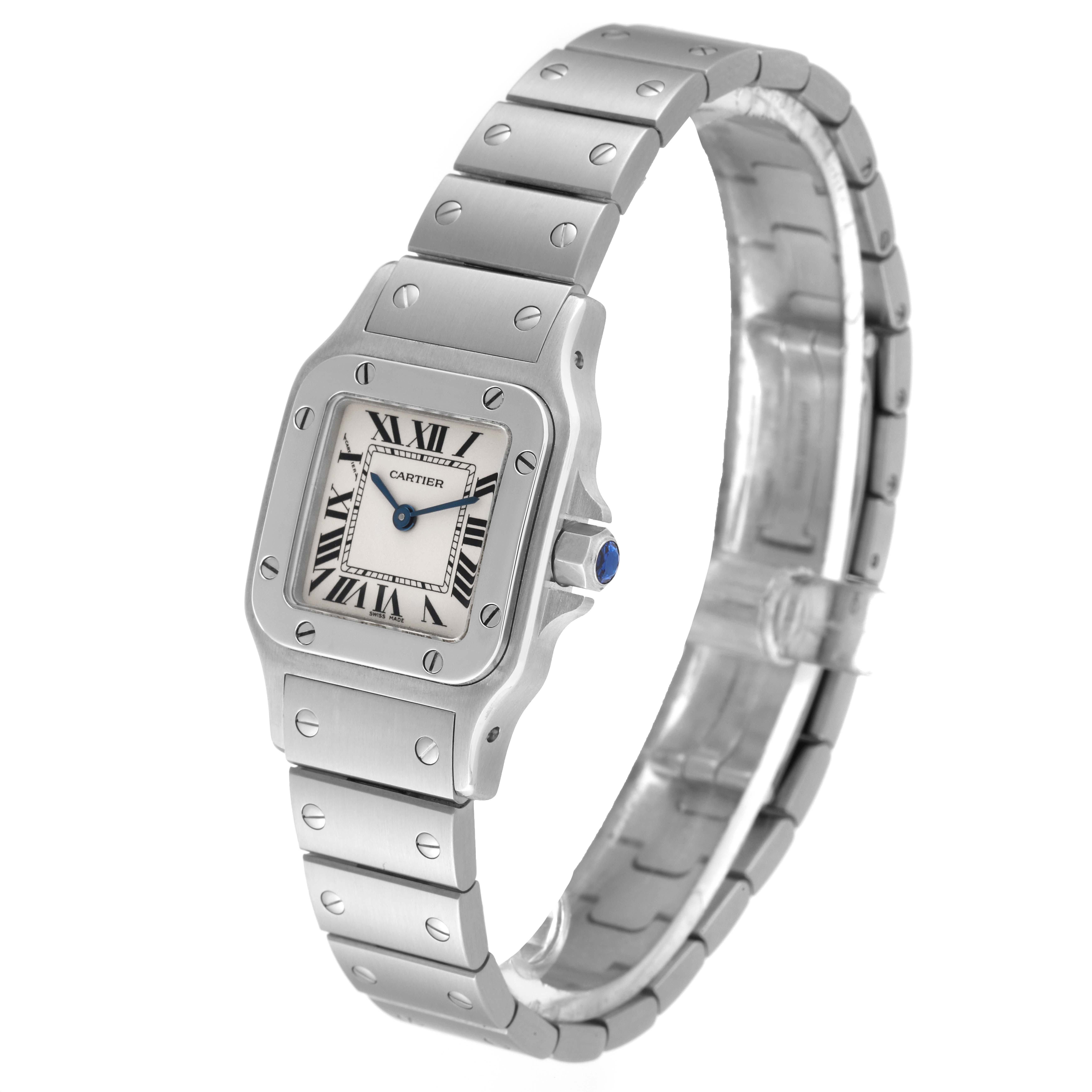 The image shows a Cartier Santos W20056D6 Women's Stainless Steel Silver Dial W20056D6 Women's Stainless Steel Silver Dial watch from a side angle, displaying its face and stainless steel bracelet.