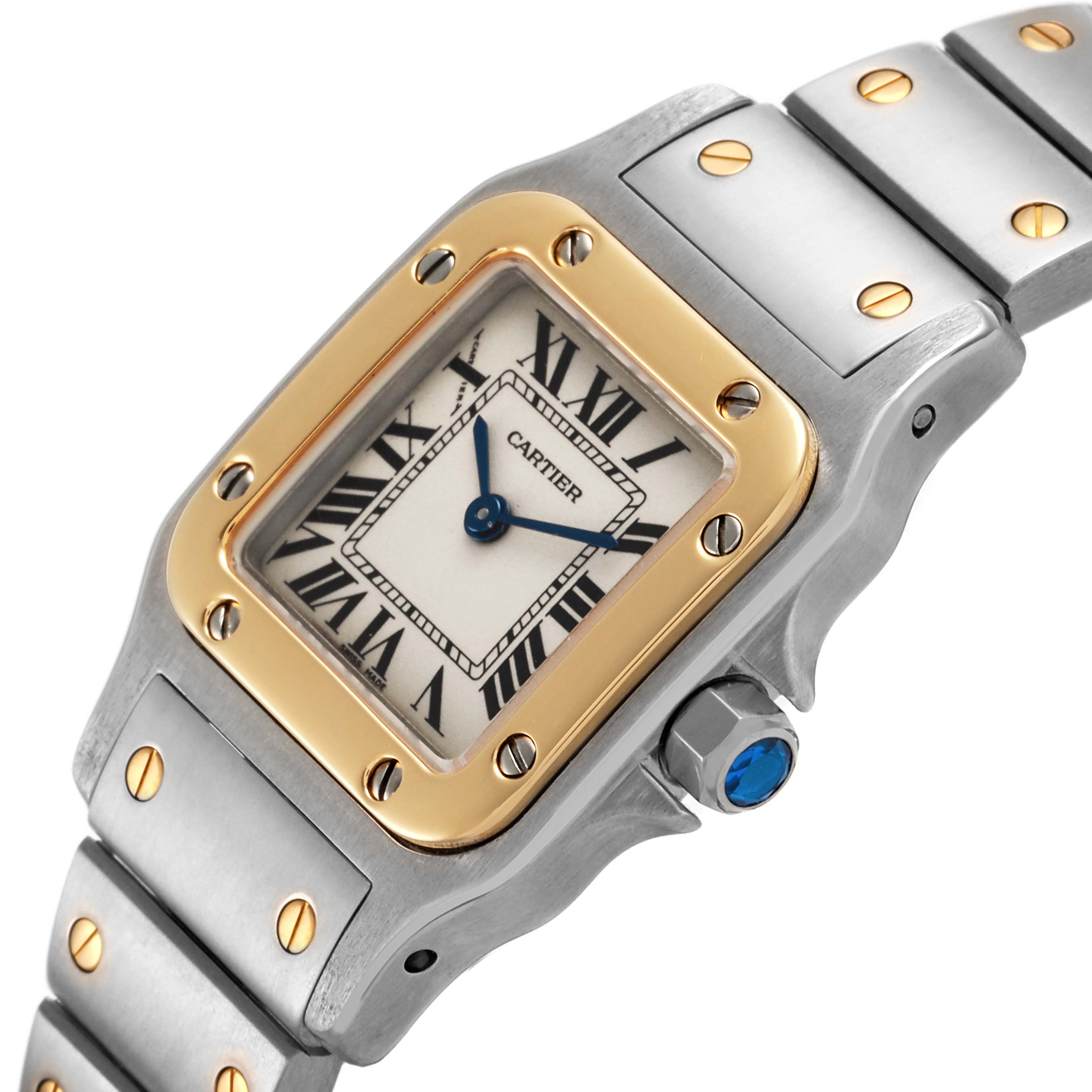 The Cartier Santos W20012C4 Women's Steel and Gold (two tone) Silver Dial W20012C4 Women's Steel and Gold (two tone) Silver Dial watch is shown from a side angle, highlighting the dial, bezel, crown, and part of the bracelet.