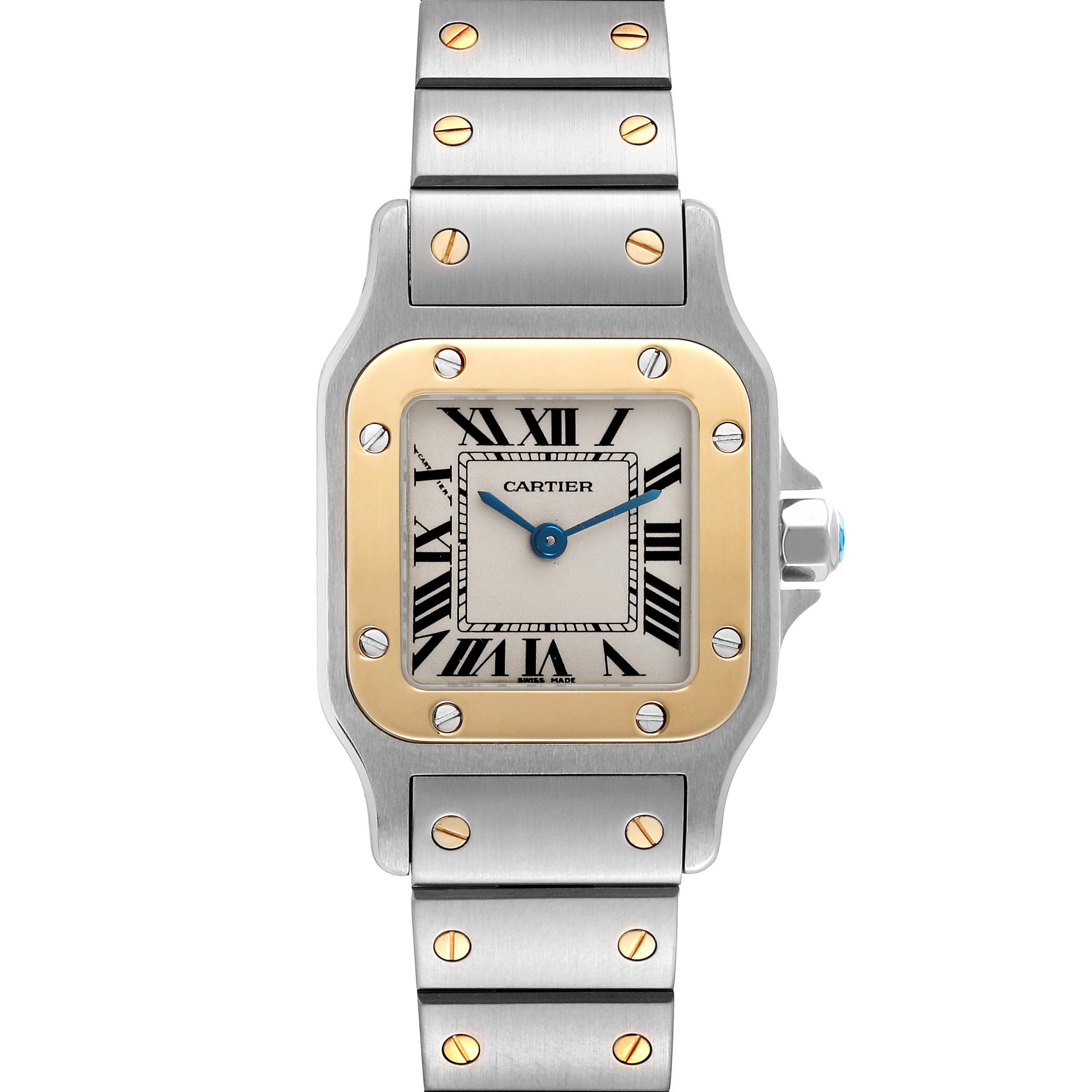 The Cartier Santos W20012C4 Women's Steel and Gold (two tone) Silver Dial W20012C4 Women's Steel and Gold (two tone) Silver Dial watch is shown from the front, highlighting its bezel, dial, and bracelet.