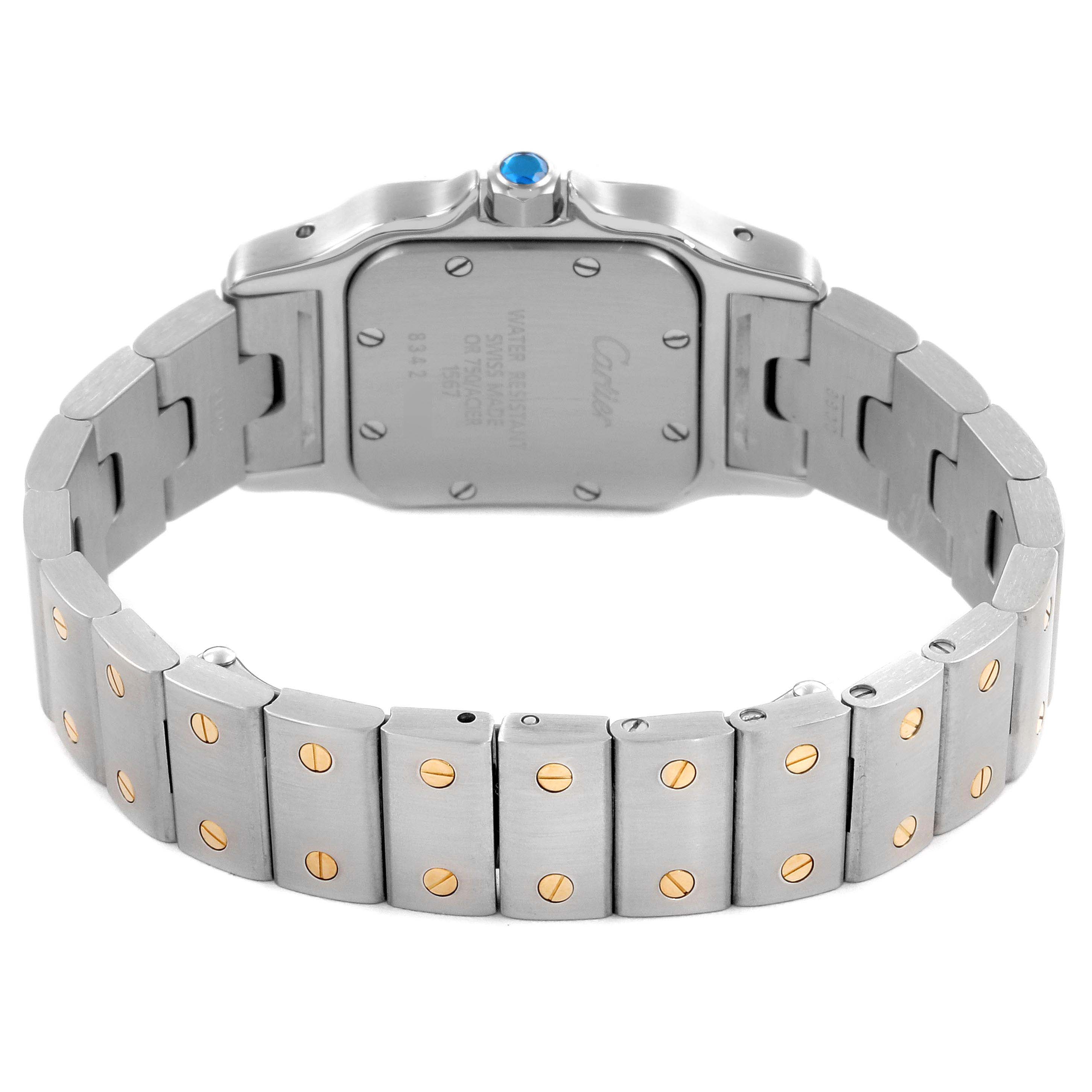 The image shows the back and bracelet of a Cartier Santos W20012C4 Women's Steel and Gold (two tone) Silver Dial W20012C4 Women's Steel and Gold (two tone) Silver Dial watch, highlighting the case back and two-tone links.