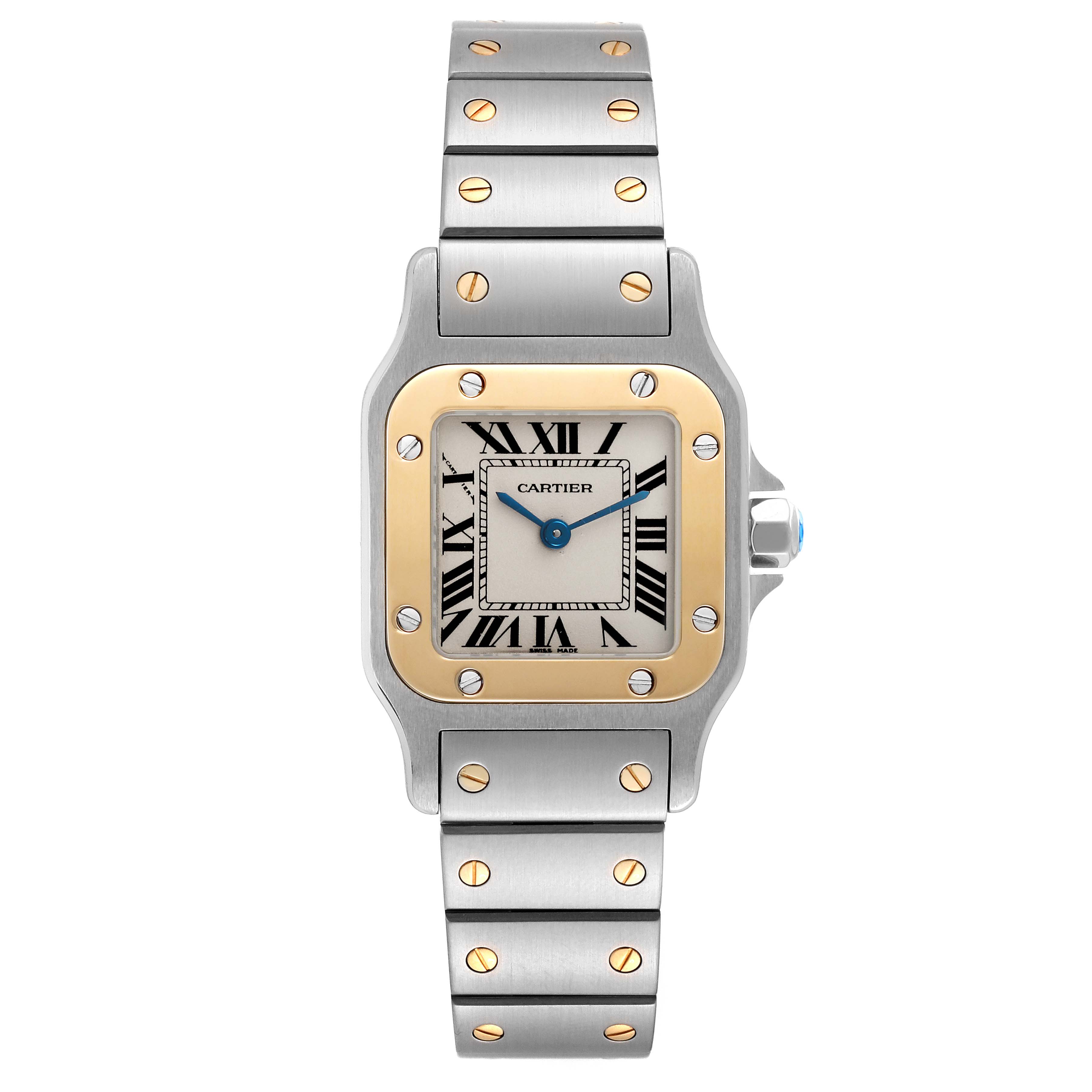 The Cartier Santos W20012C4 Women's Steel and Gold (two tone) Silver Dial W20012C4 Women's Steel and Gold (two tone) Silver Dial watch is shown from the front, displaying its square dial, metal bracelet, and iconic screws.