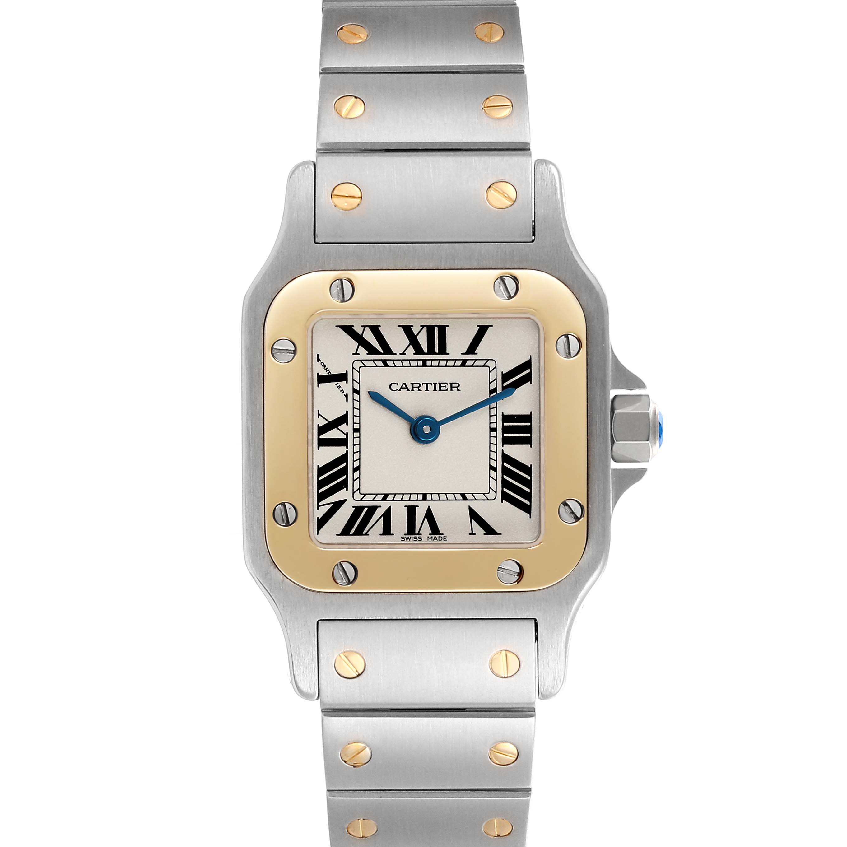 The image shows a Cartier Santos W20012C4 Women's Steel and Gold (two tone) Silver Dial W20012C4 Women's Steel and Gold (two tone) Silver Dial watch from a front angle, highlighting its square dial, Roman numerals, and metal bracelet.