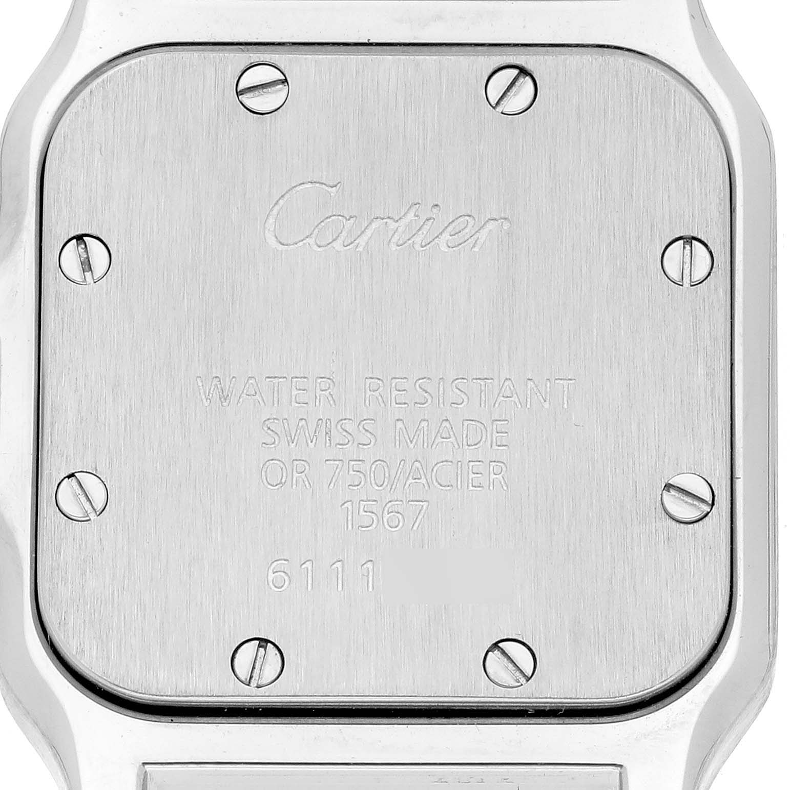 The image shows the back case of a Cartier Santos W20012C4 Women's Steel and Gold (two tone) Silver Dial W20012C4 Women's Steel and Gold (two tone) Silver Dial watch, highlighting the brand engraving and screws.