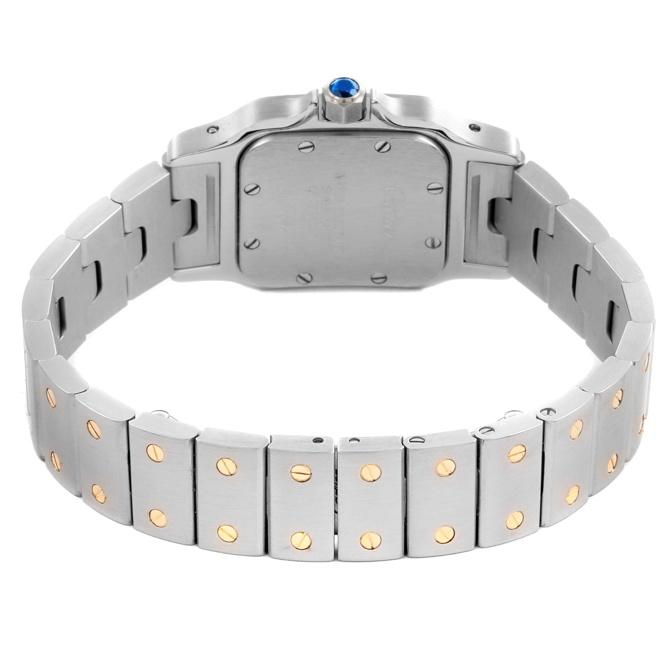 The image shows the back view of the Cartier Santos W20012C4 Women's Steel and Gold (two tone) Silver Dial W20012C4 Women's Steel and Gold (two tone) Silver Dial watch, highlighting the bracelet and case with a blue sapphire on the crown.
