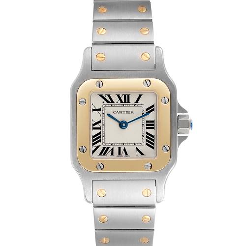 The Cartier Santos watch is shown from the front, displaying its face, bezel, and bracelet with contrasting screws.