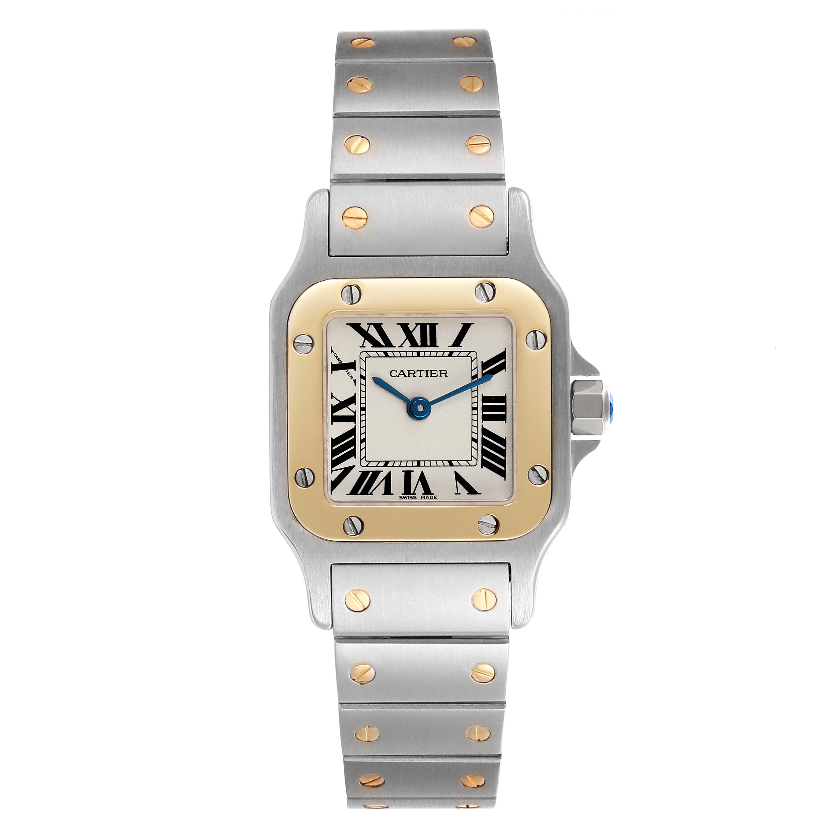 The Cartier Santos W20012C4 Women's Steel and Gold (two tone) Silver Dial W20012C4 Women's Steel and Gold (two tone) Silver Dial watch is shown from the front, displaying the face, bezel, and part of the bracelet.