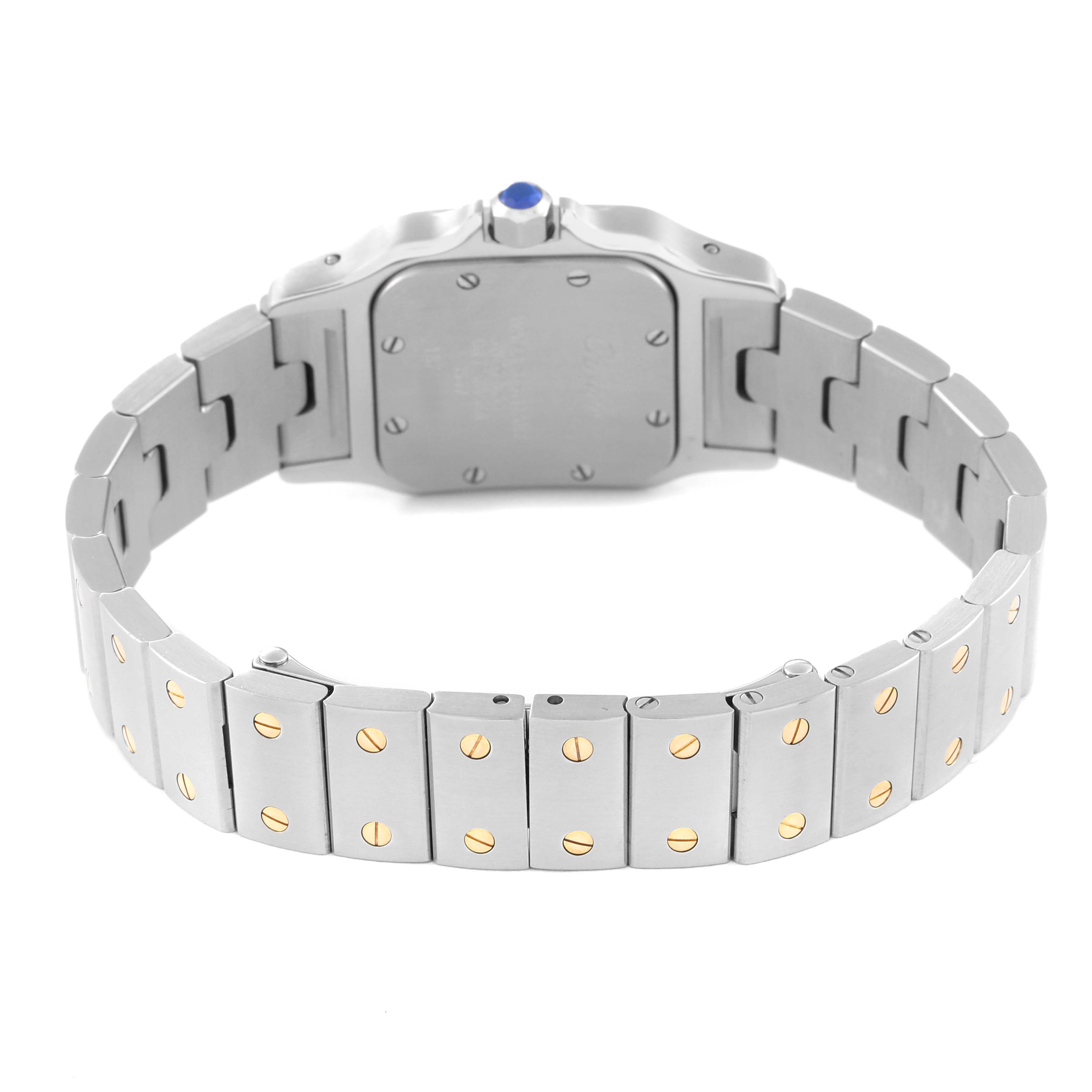 The image shows the back case and stainless steel bracelet of a Cartier Santos W20012C4 Women's Steel and Gold (two tone) Silver Dial W20012C4 Women's Steel and Gold (two tone) Silver Dial watch, highlighting its screw details.